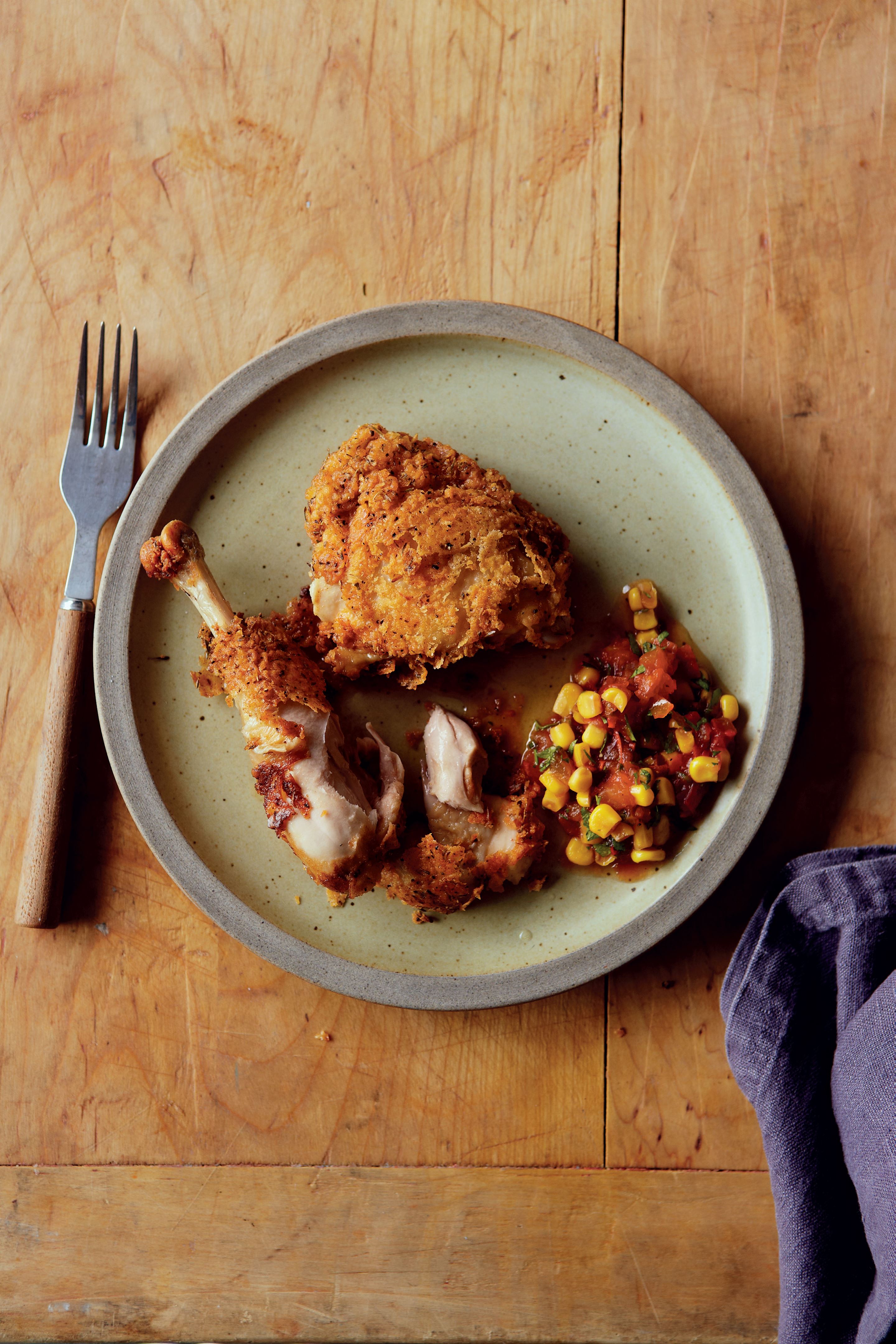 Southern-fried buttermilk chicken with tomato and sweetcorn salsa