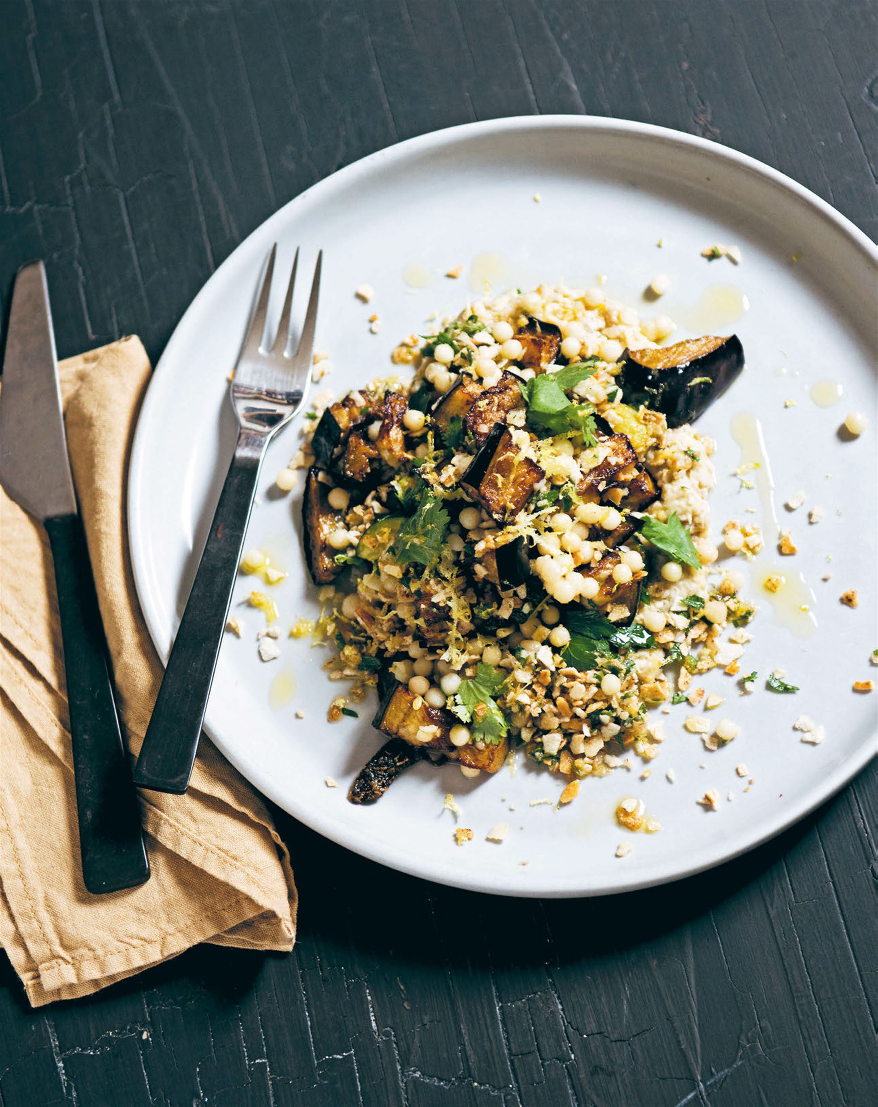 Grilled zucchini with couscous, smoked eggplant & pangritata