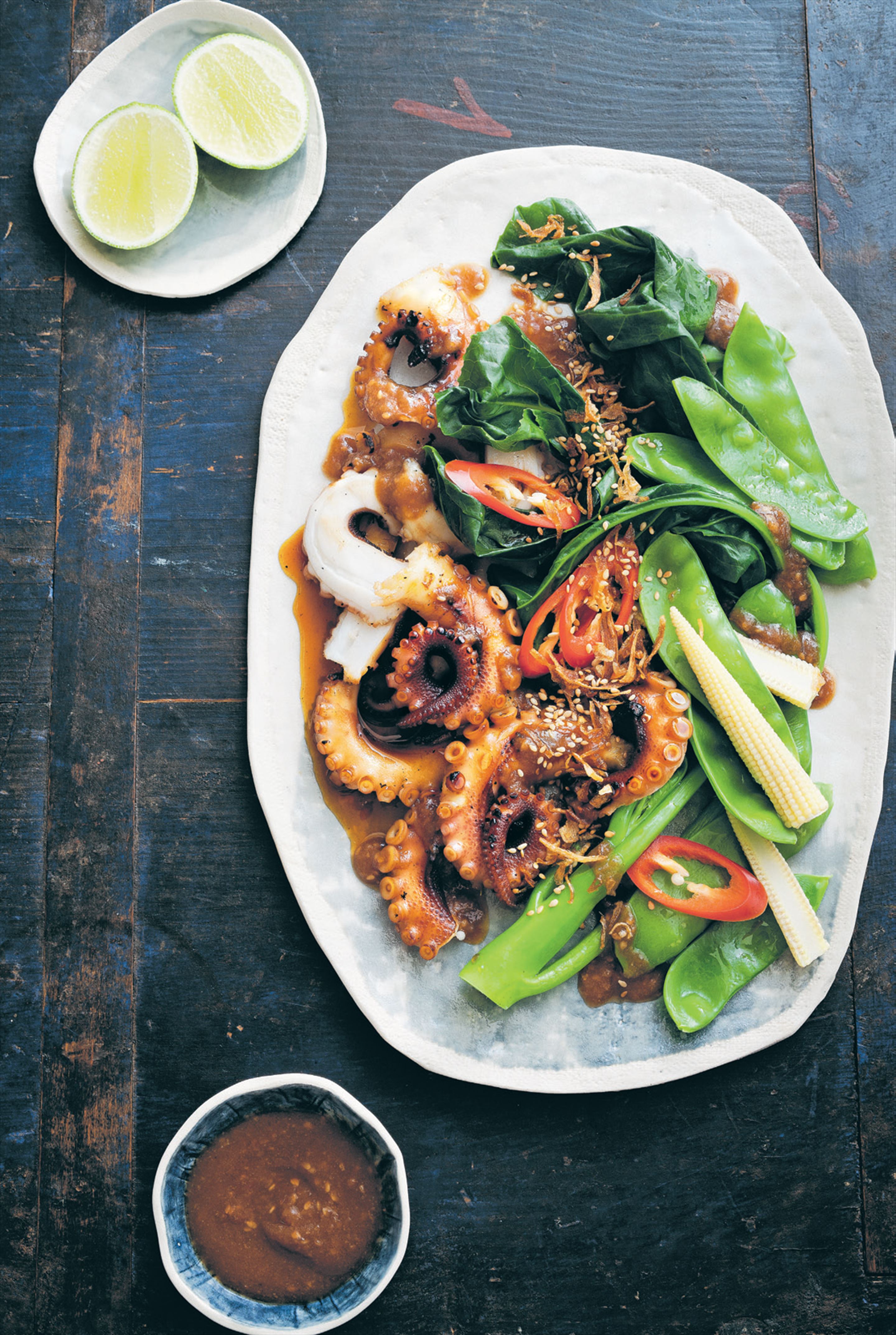 Grilled octopus, Asian vegetable and ginger salad with a tamarind and sesame dressing