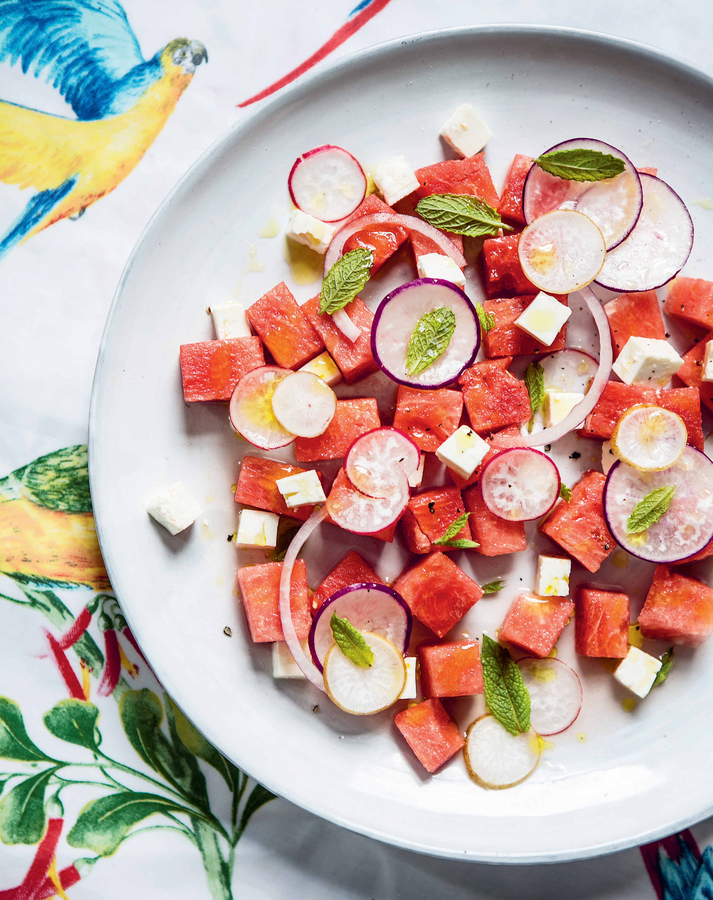 Summer watermelon, feta + radish salad with mint