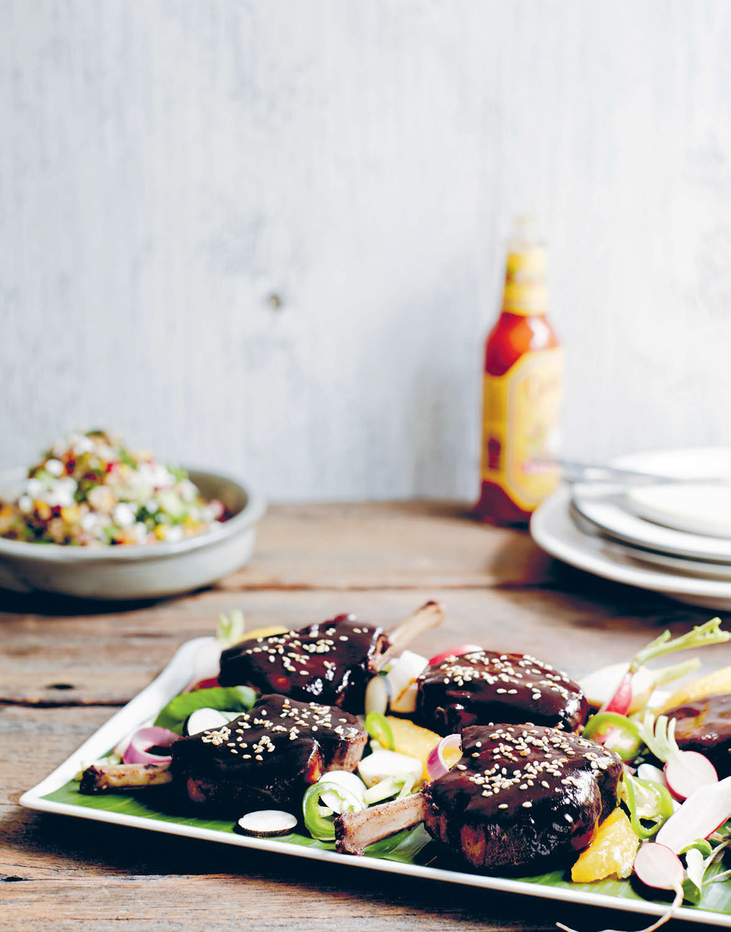 Glazed Mexican spiced lamb chops with ancient grains & pickles