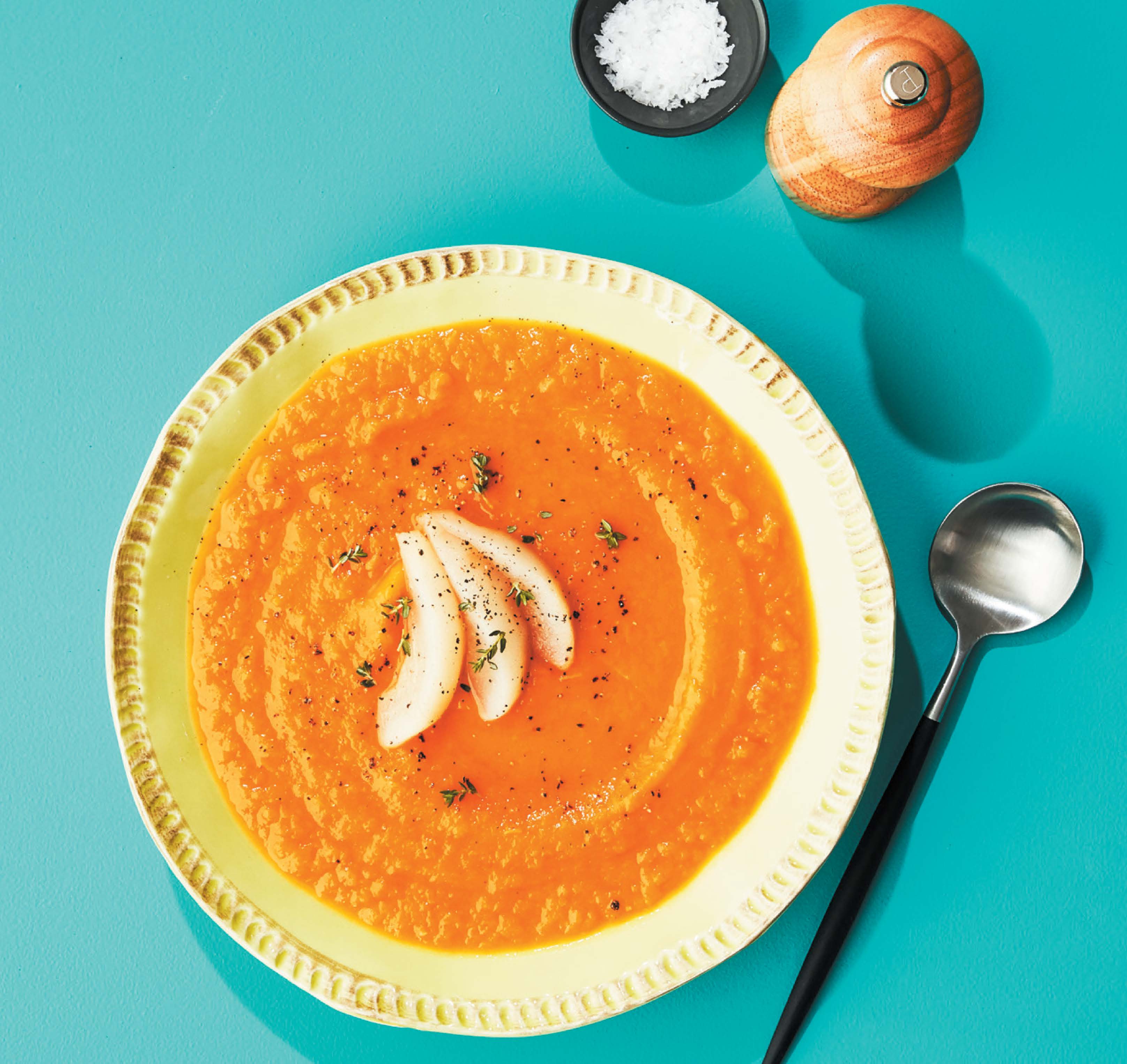 Sweet potato, fennel and ginger soup with spiced pears