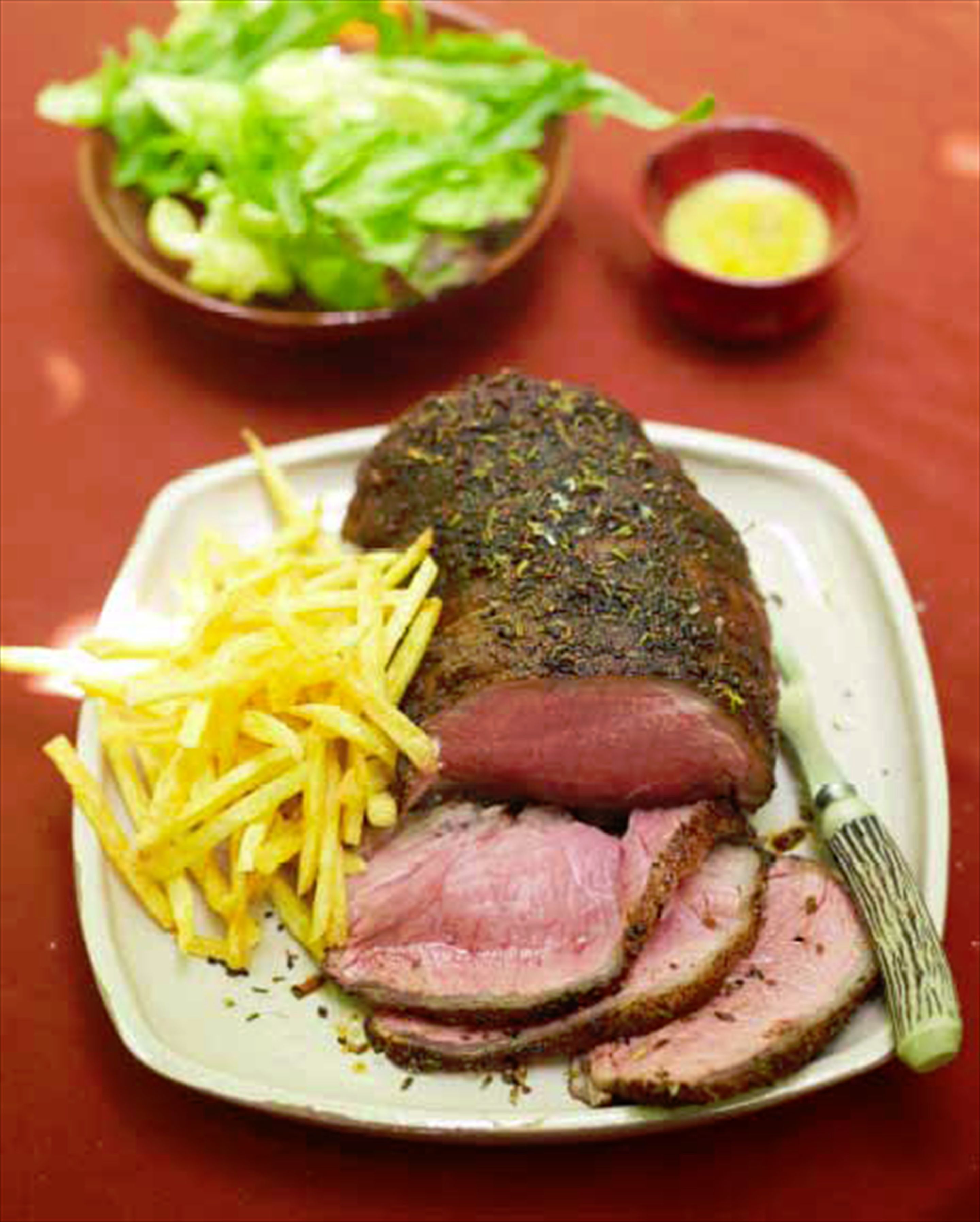 Roast spiced beef with french fries