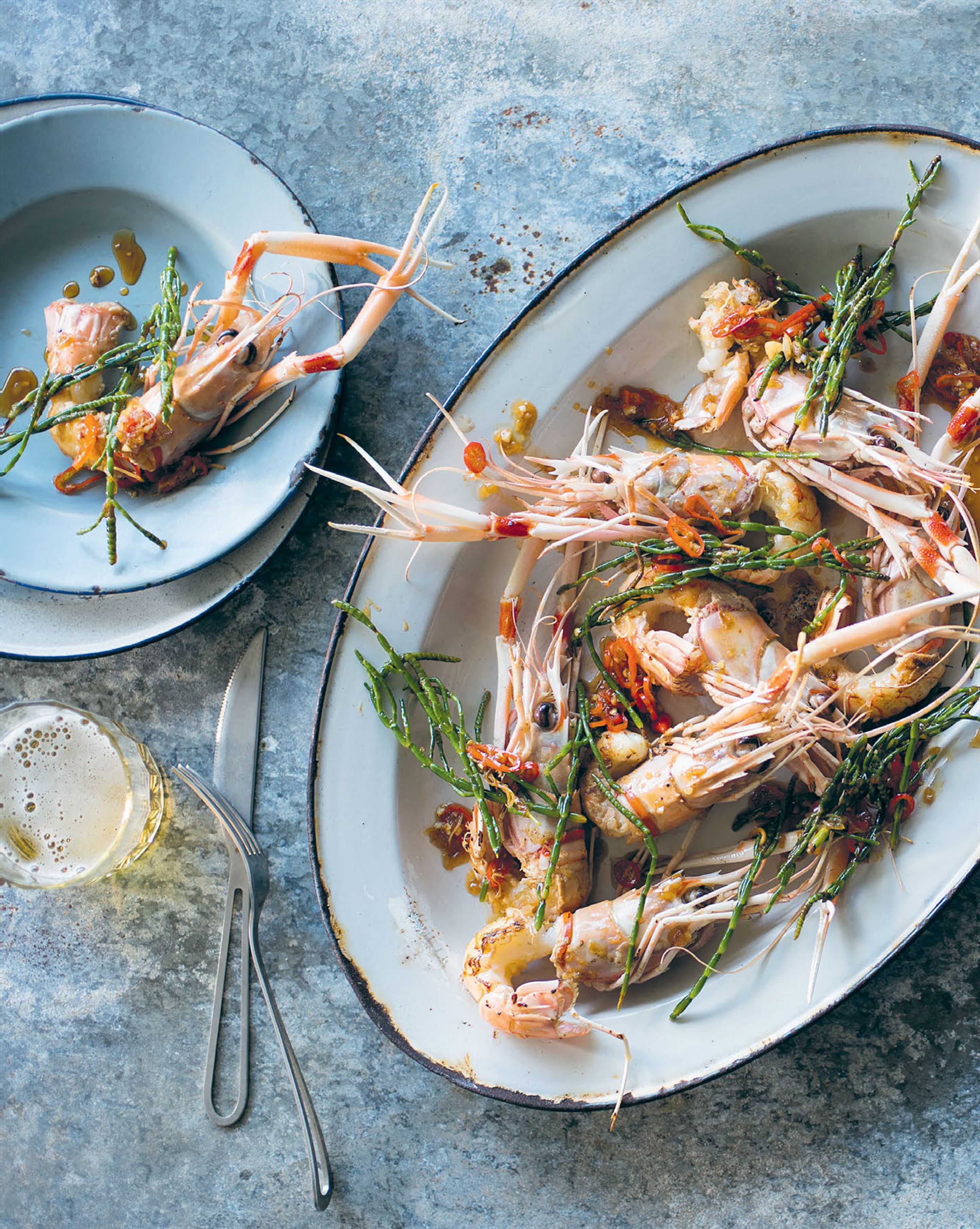 Wok-tossed langoustines with samphire & oyster sauce