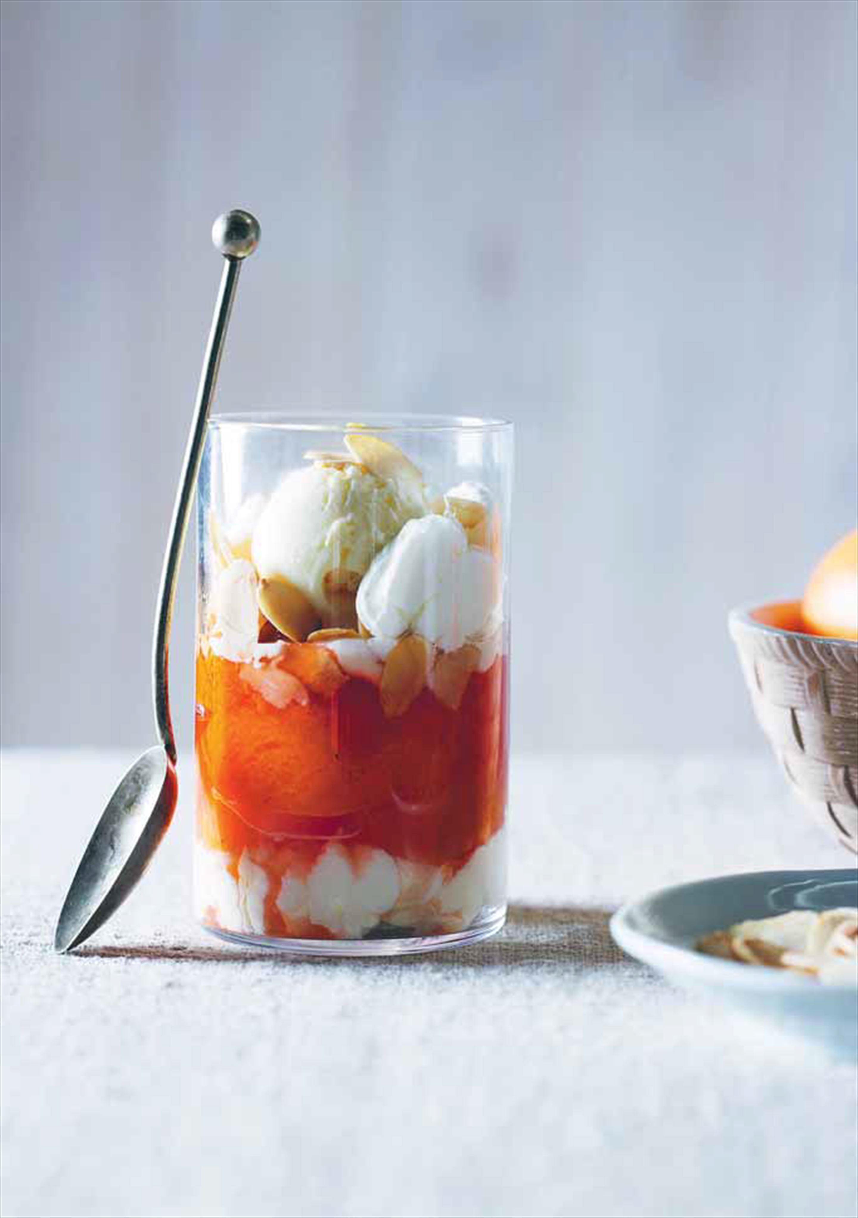 Poached apricots and peaches with toasted almonds