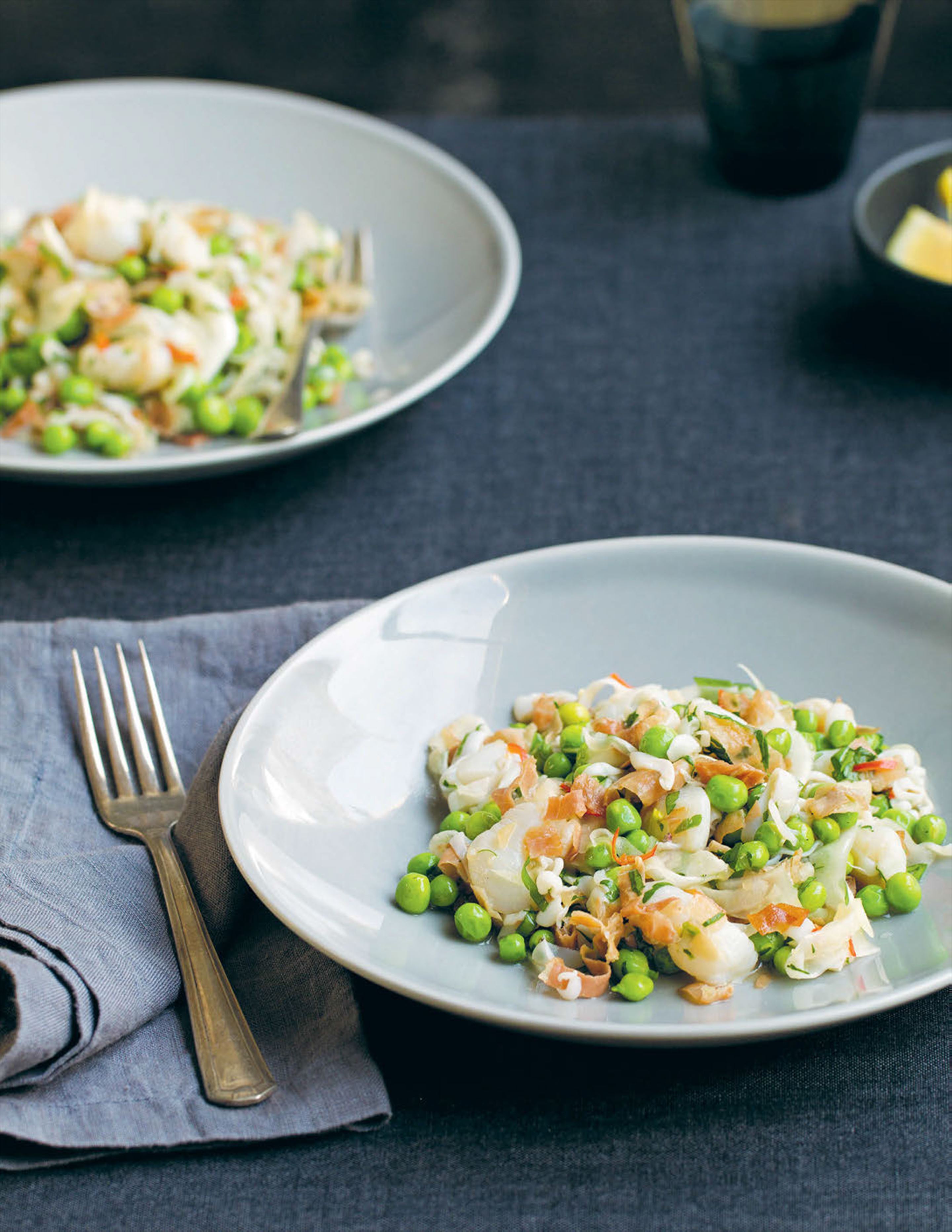 Cuttlefish, scallops and fennel with pea and prosciutto dressing