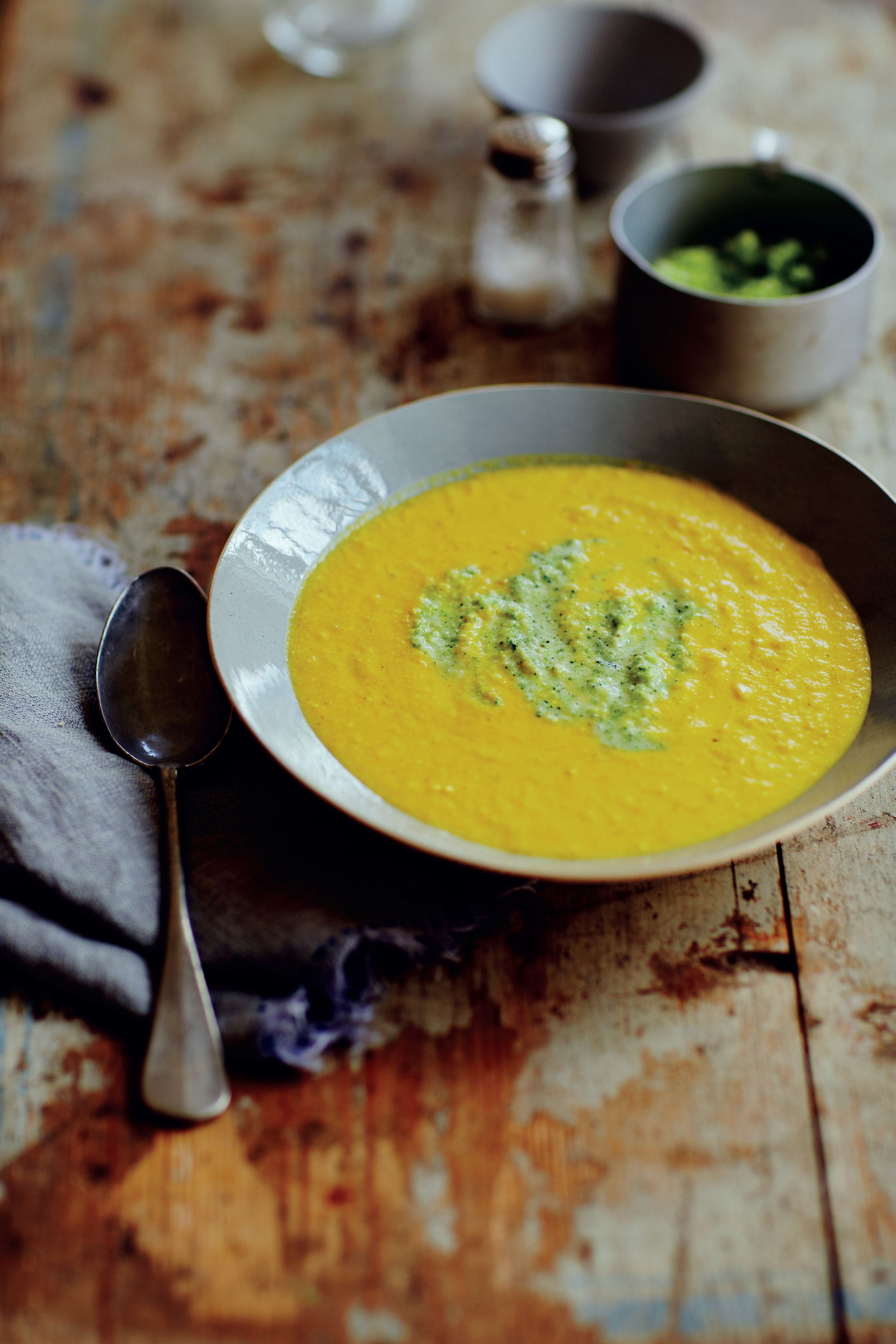 Cashew and corn soup with broccoli almond purée