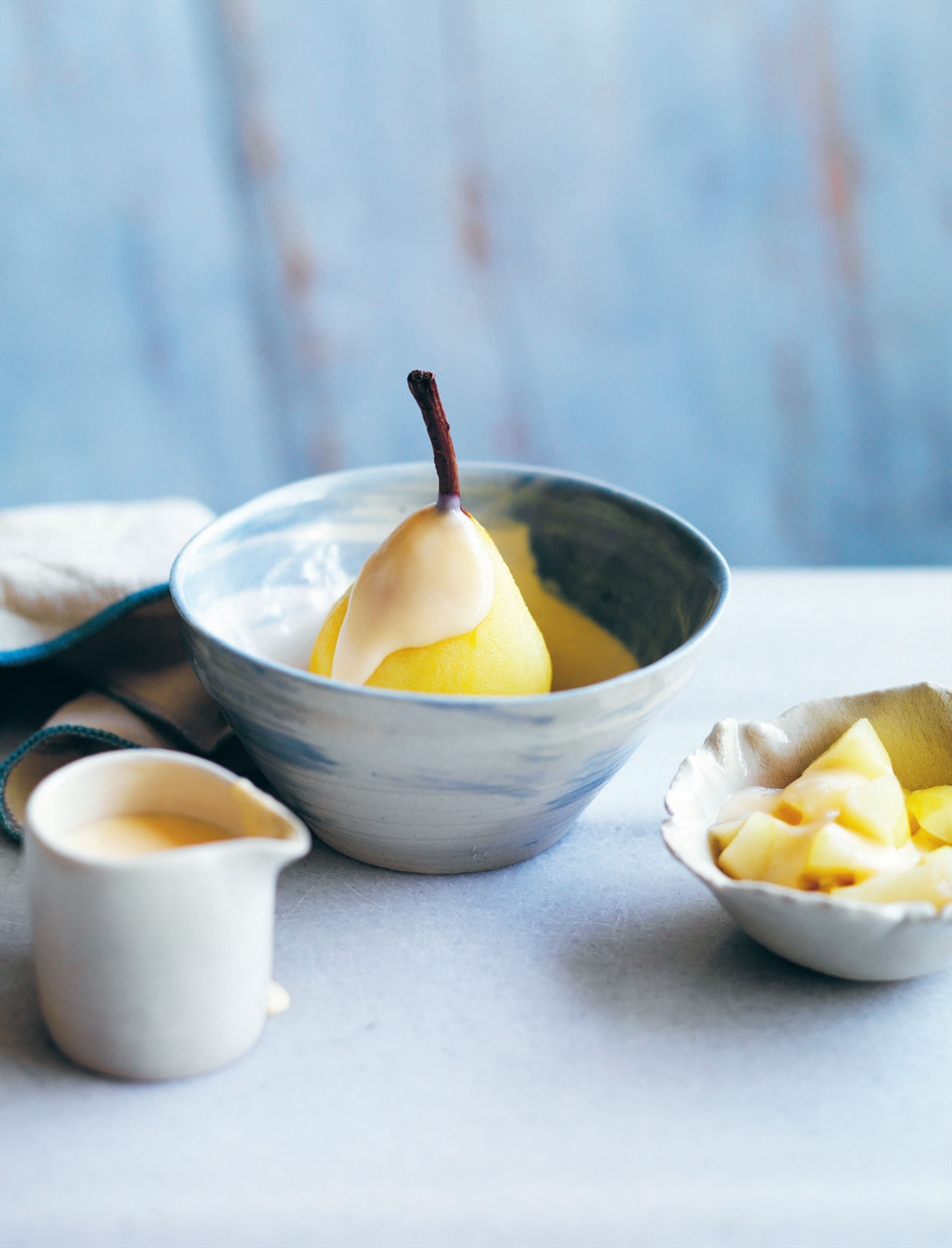 Poached pears with whole-egg custard