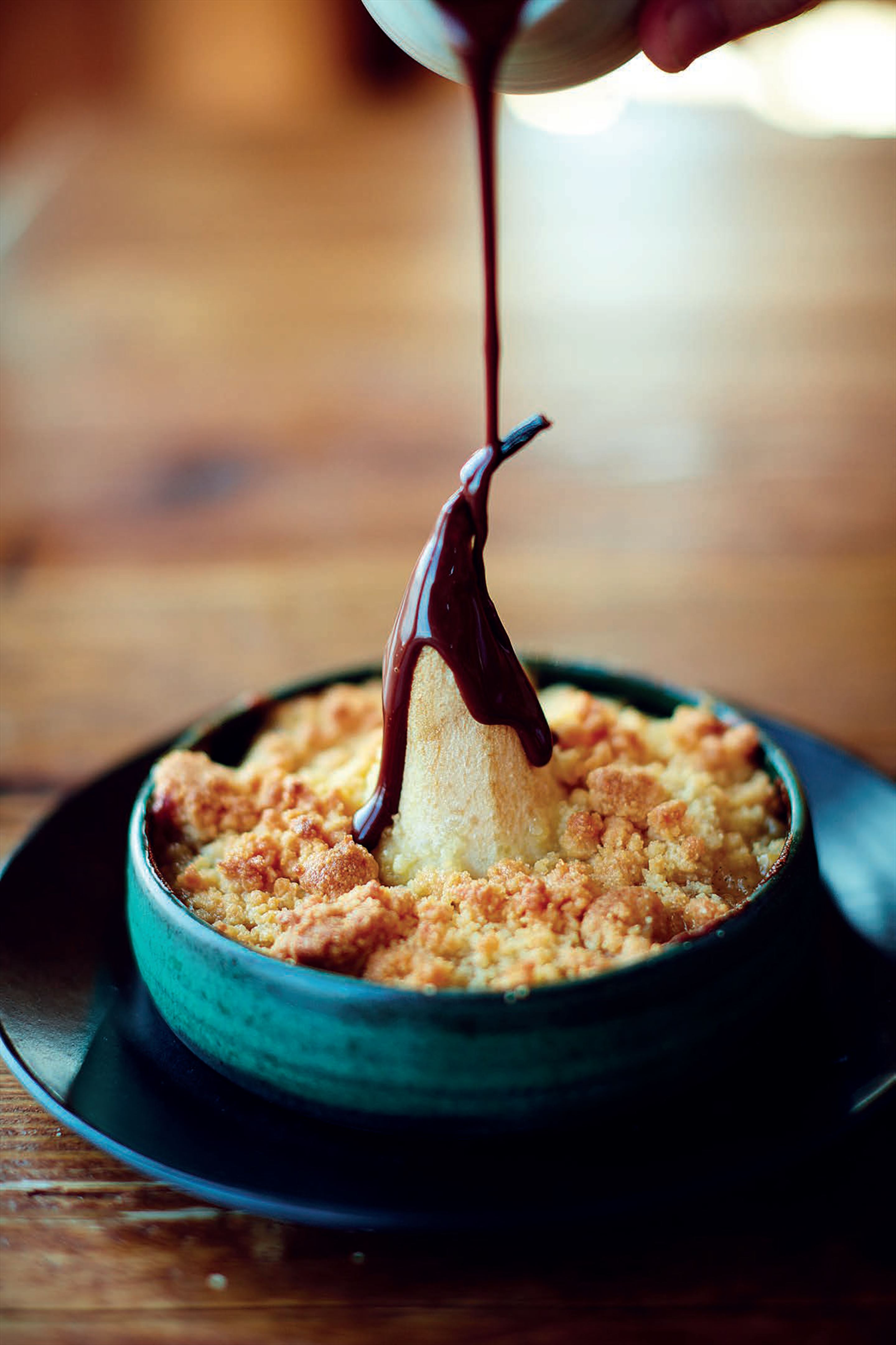 Pear crumble with earl grey chocolate sauce