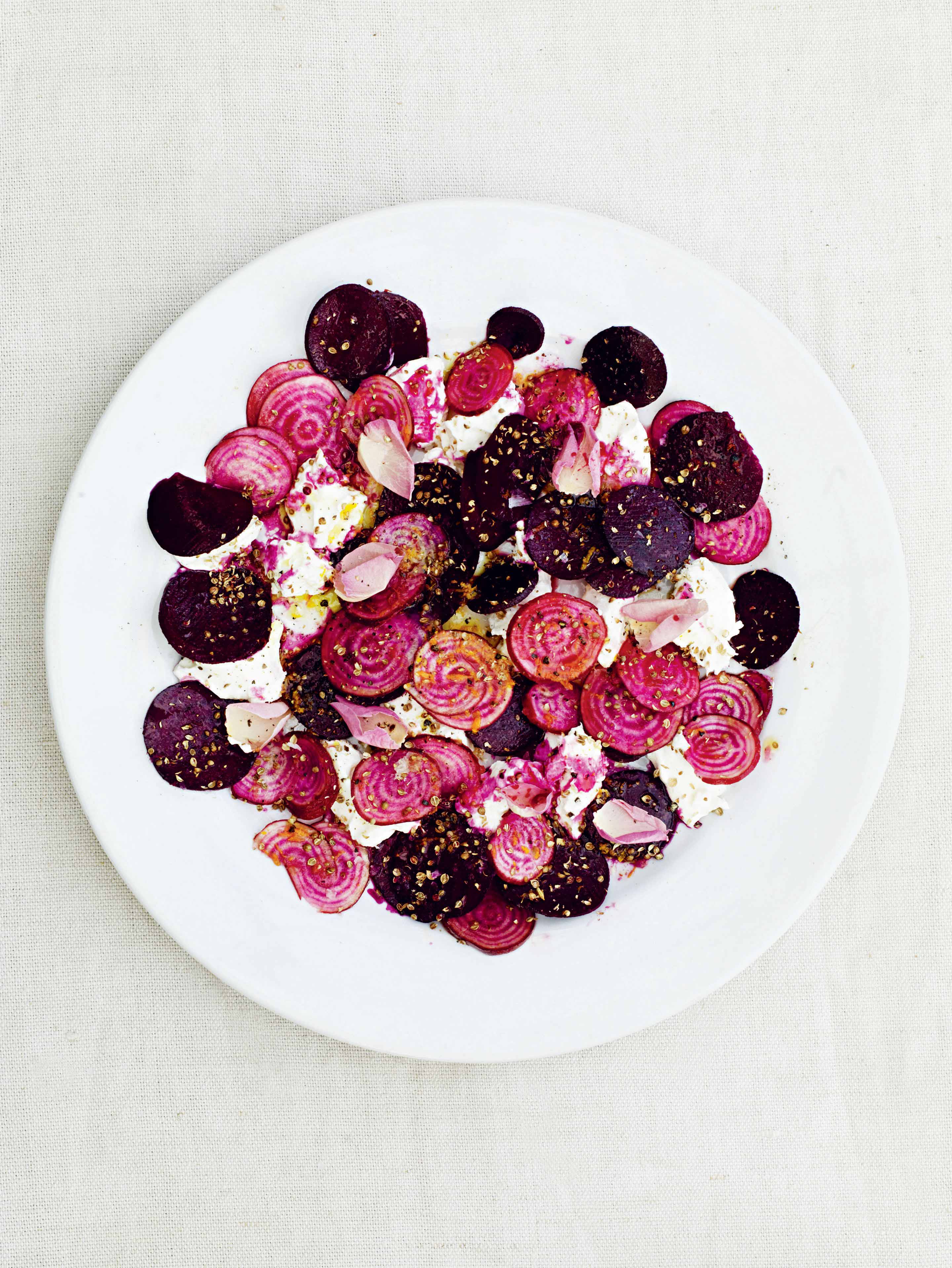 A salad of raw beetroot, curd & rose