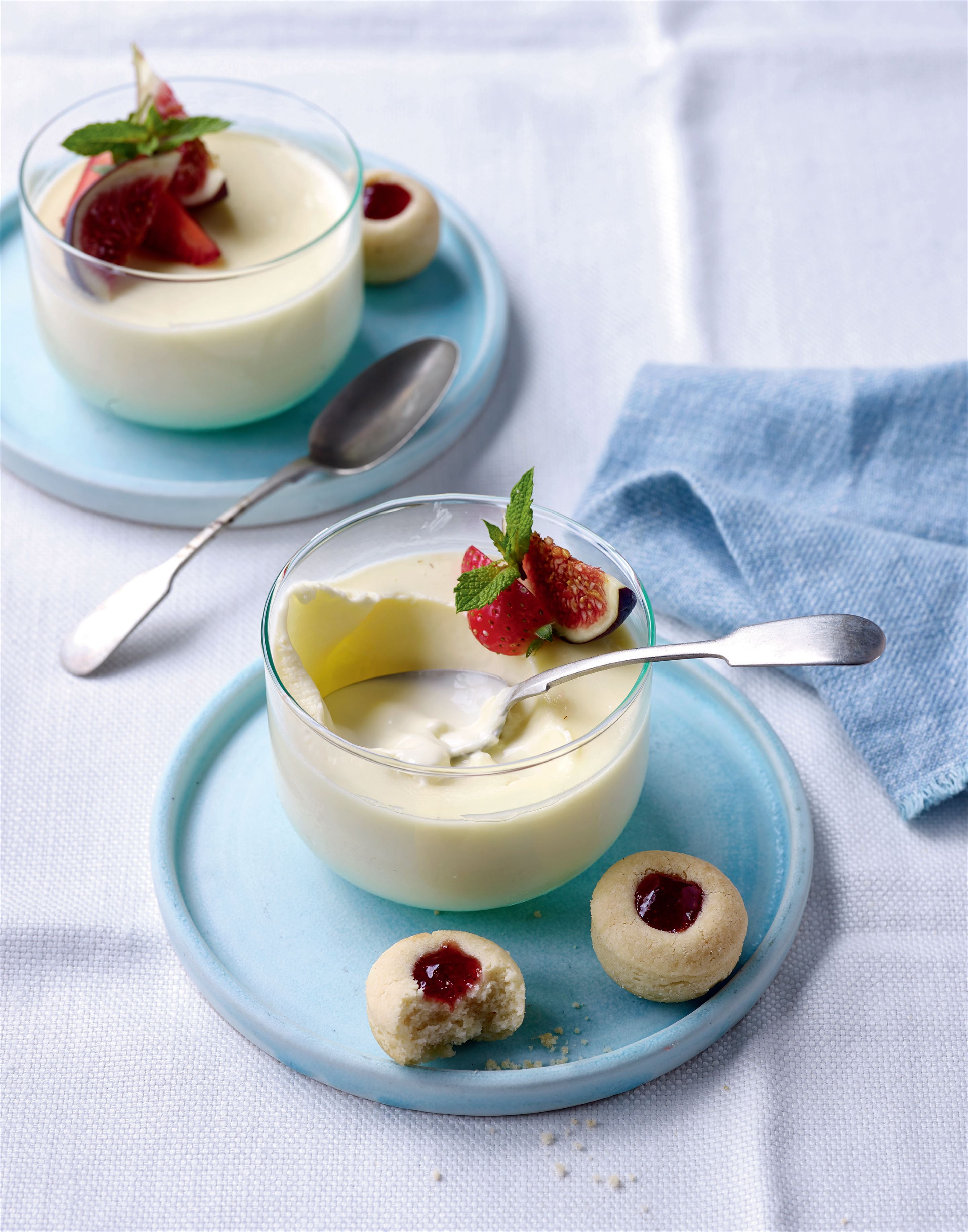 Lemon posset with figs, strawberries and Gran’s shortbreads
