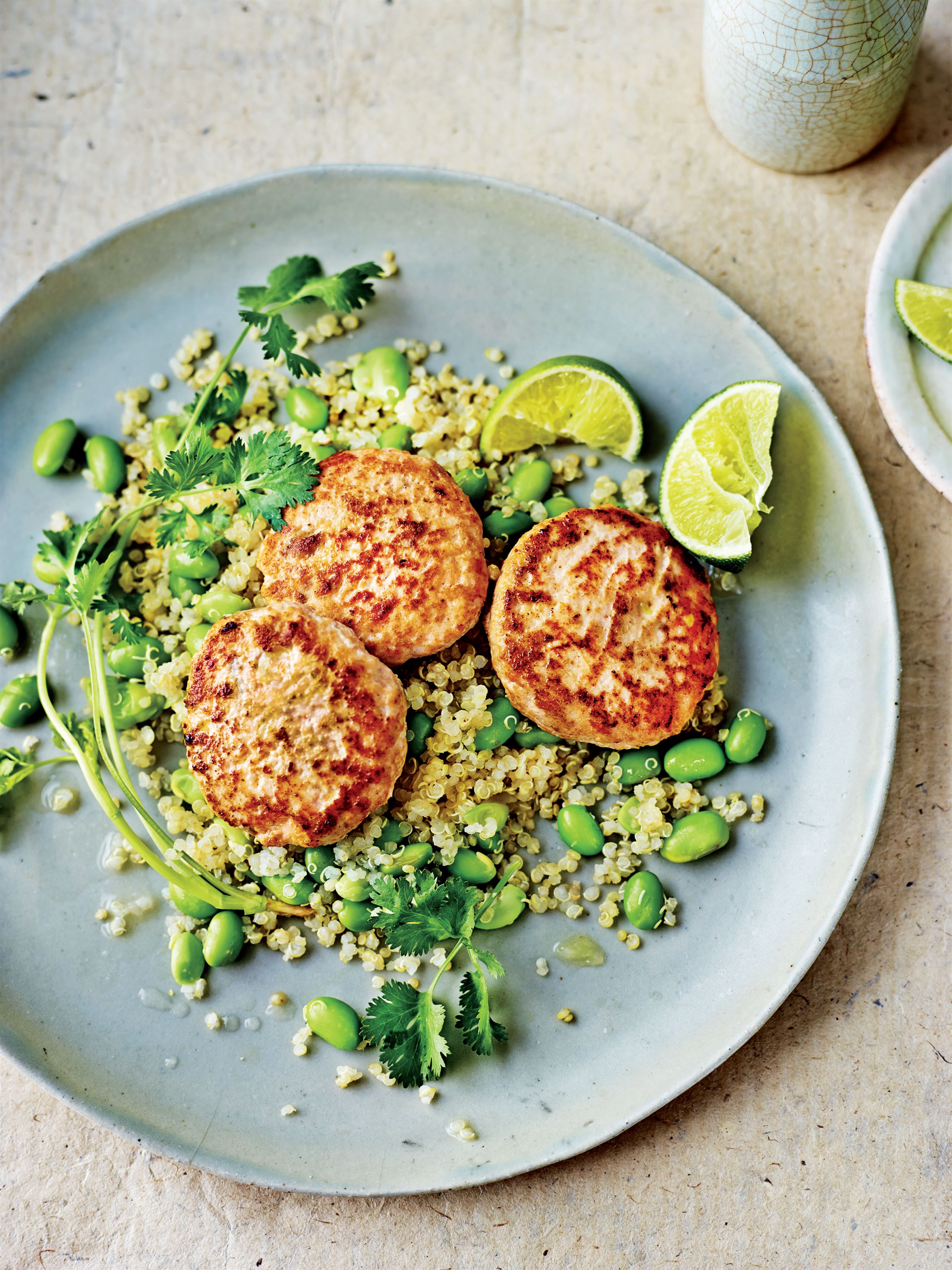 Green curry salmon burgers with edamame quinoa