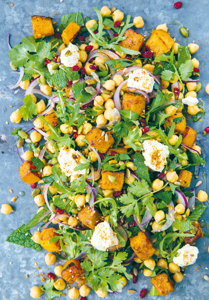 Roasted pumpkin and chickpea with barberries, feta and dukkah