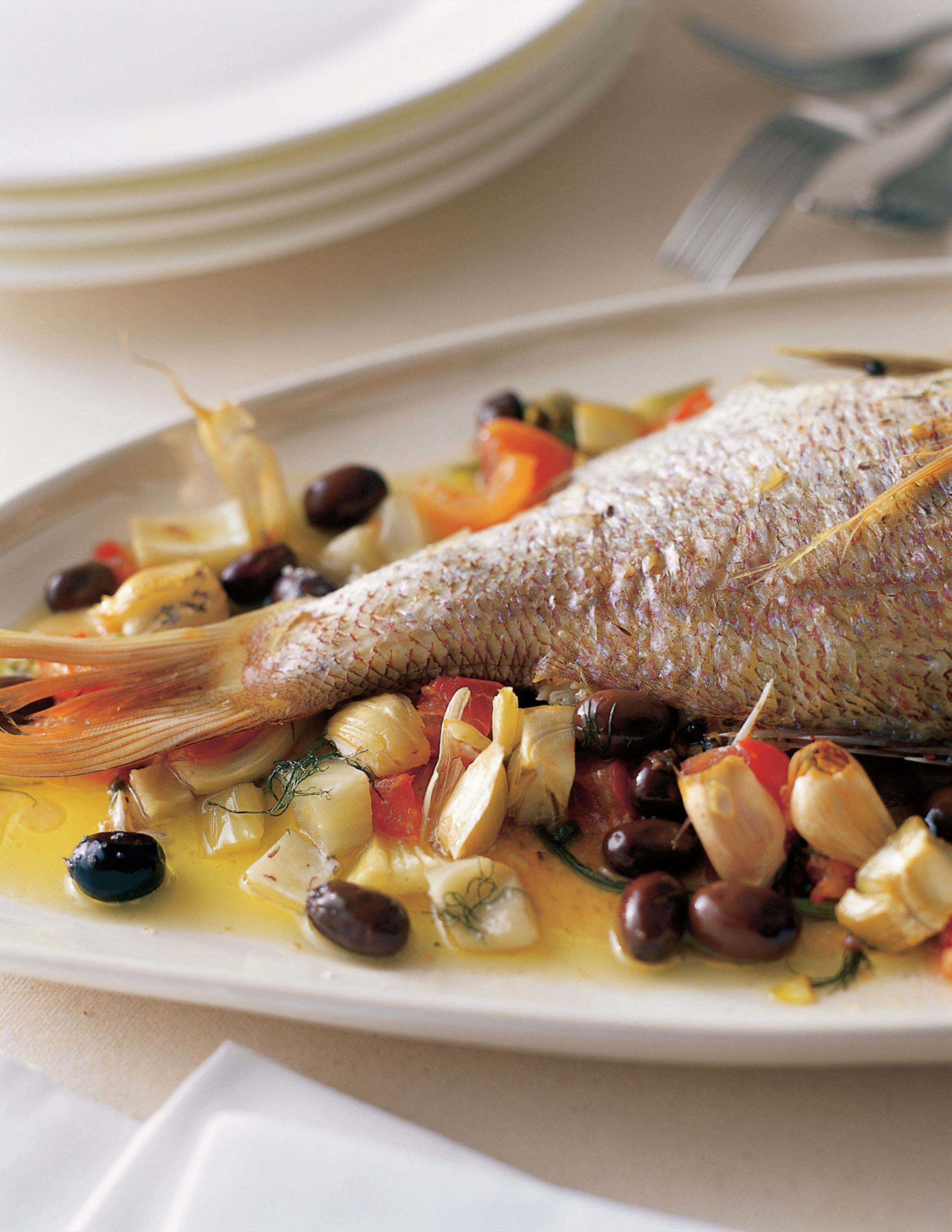 Roasted snapper with olives and fennel