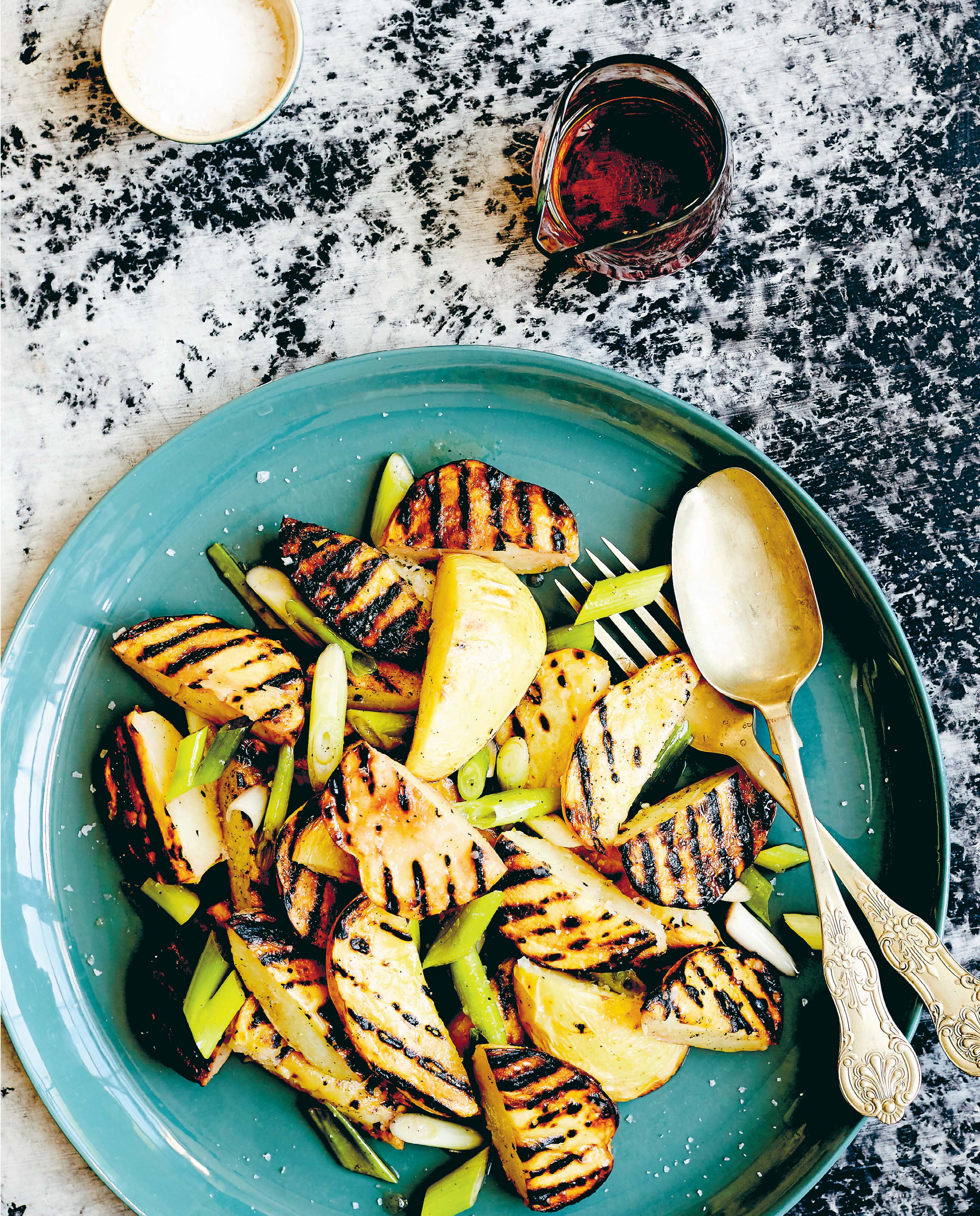 Grilled potato and spring onion salad