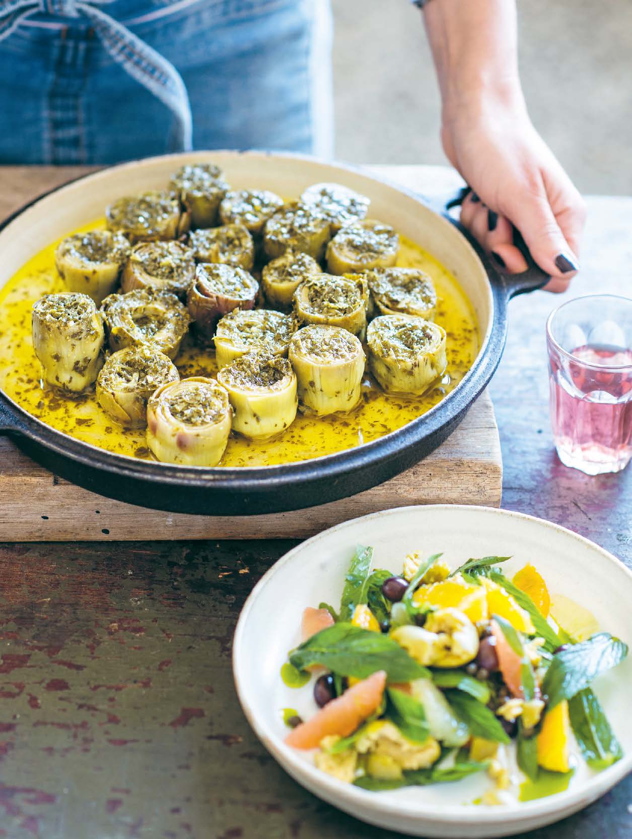 Stuffed baby artichokes with olive, citrus and herb salad