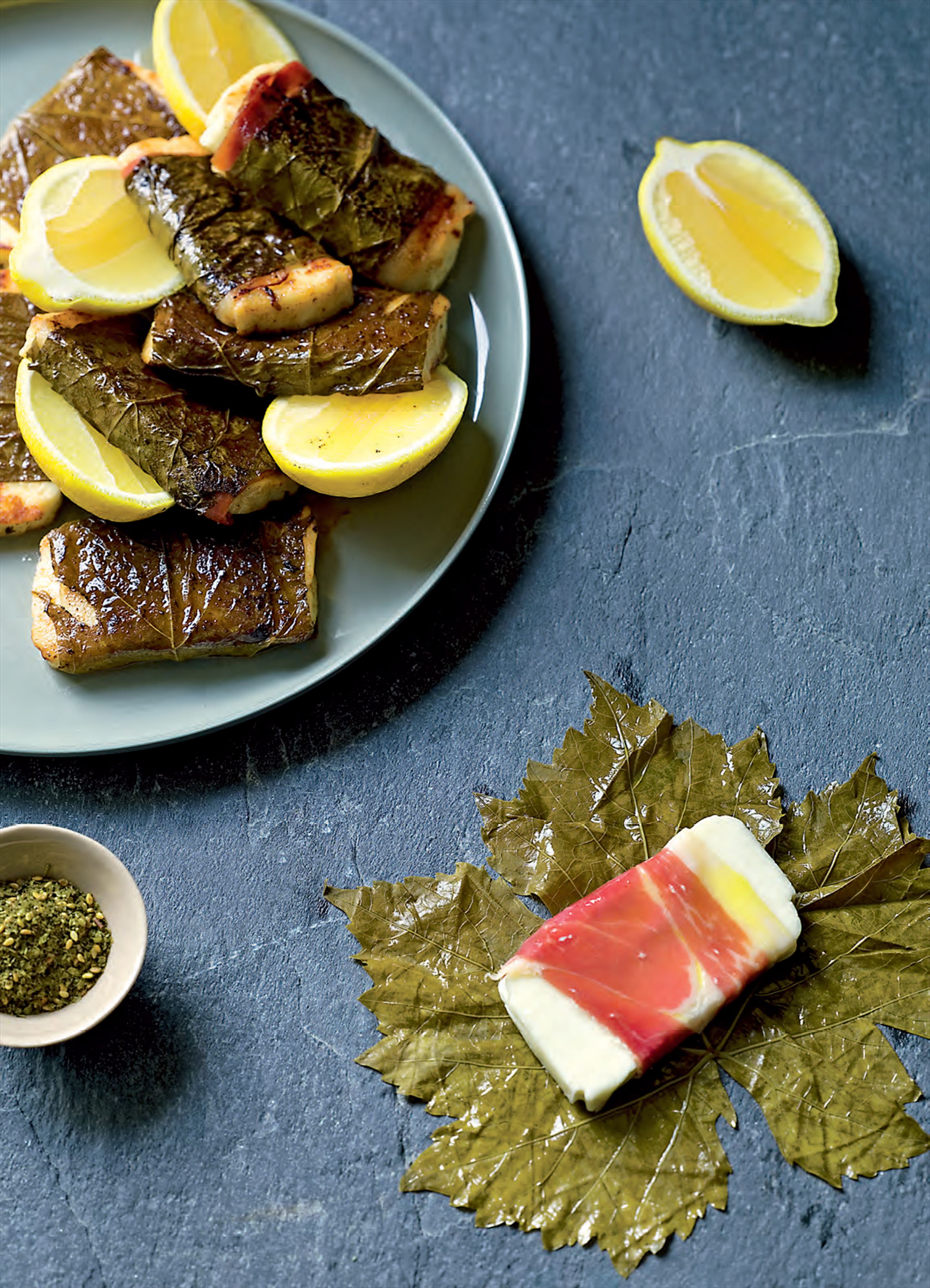 Haloumi grilled in vine leaves