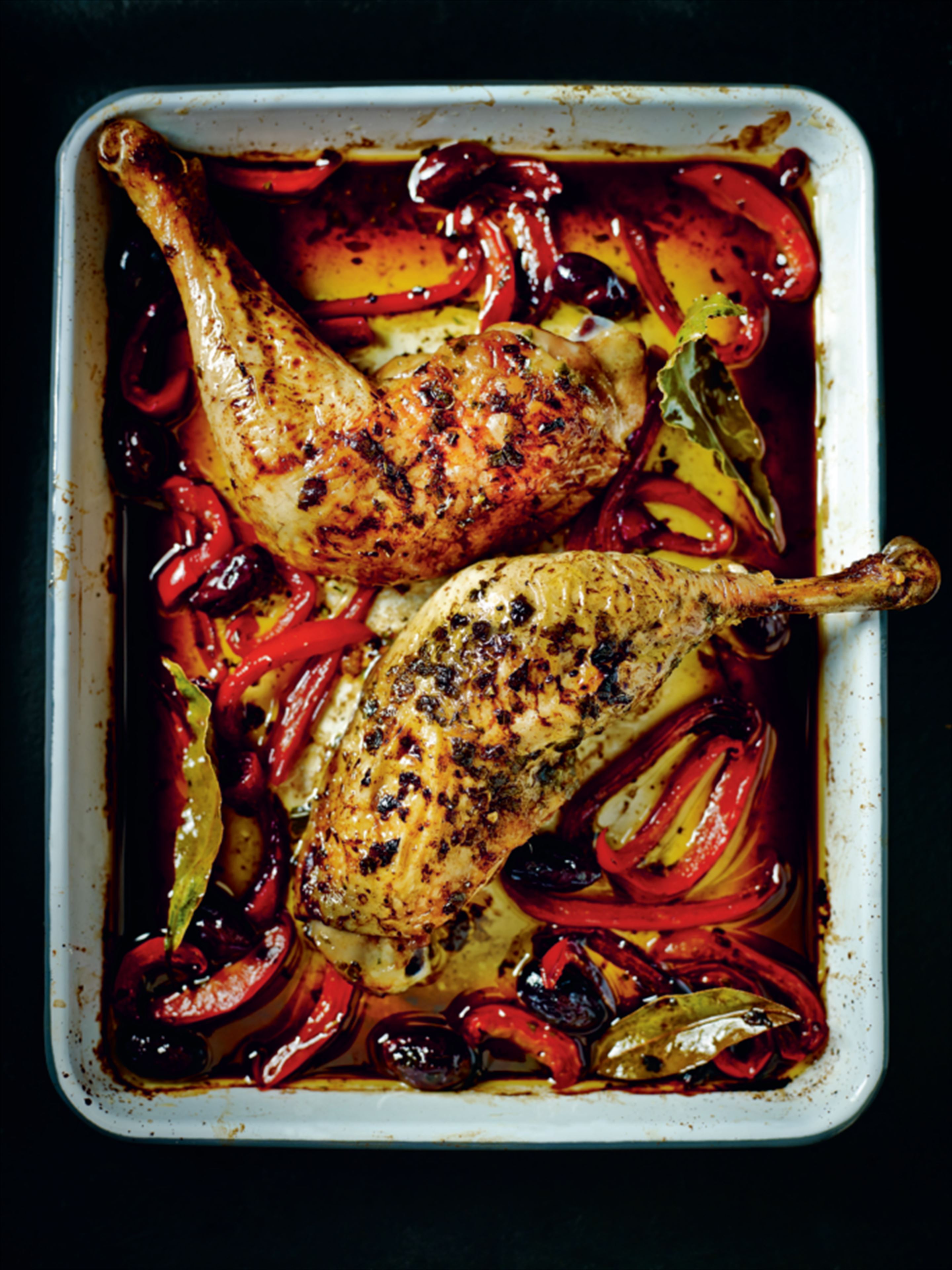 Chicken, red pepper and olive tray bake