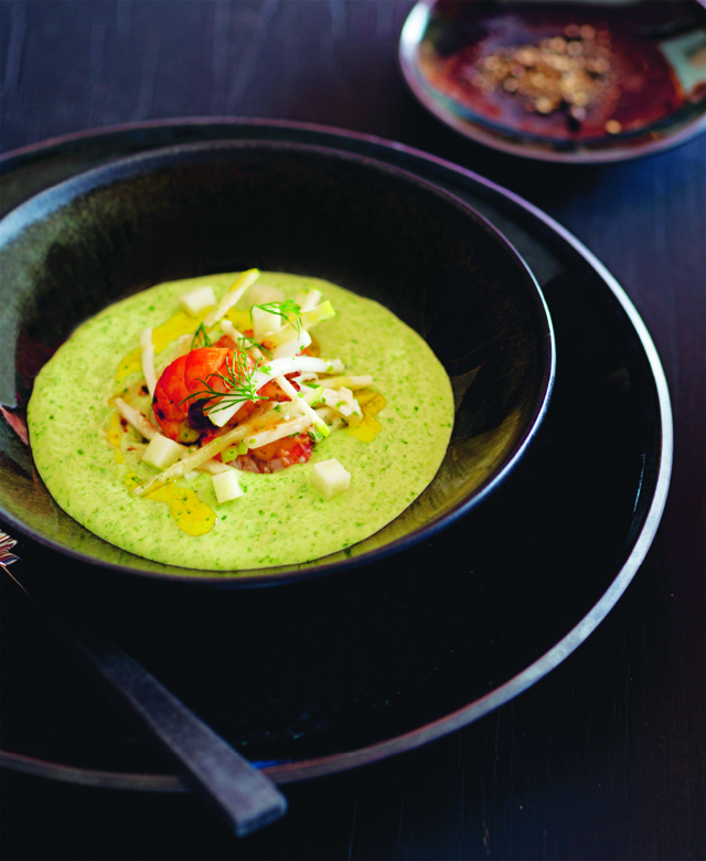 Chilled wild sorrel soup with dressed yabby and celeriac