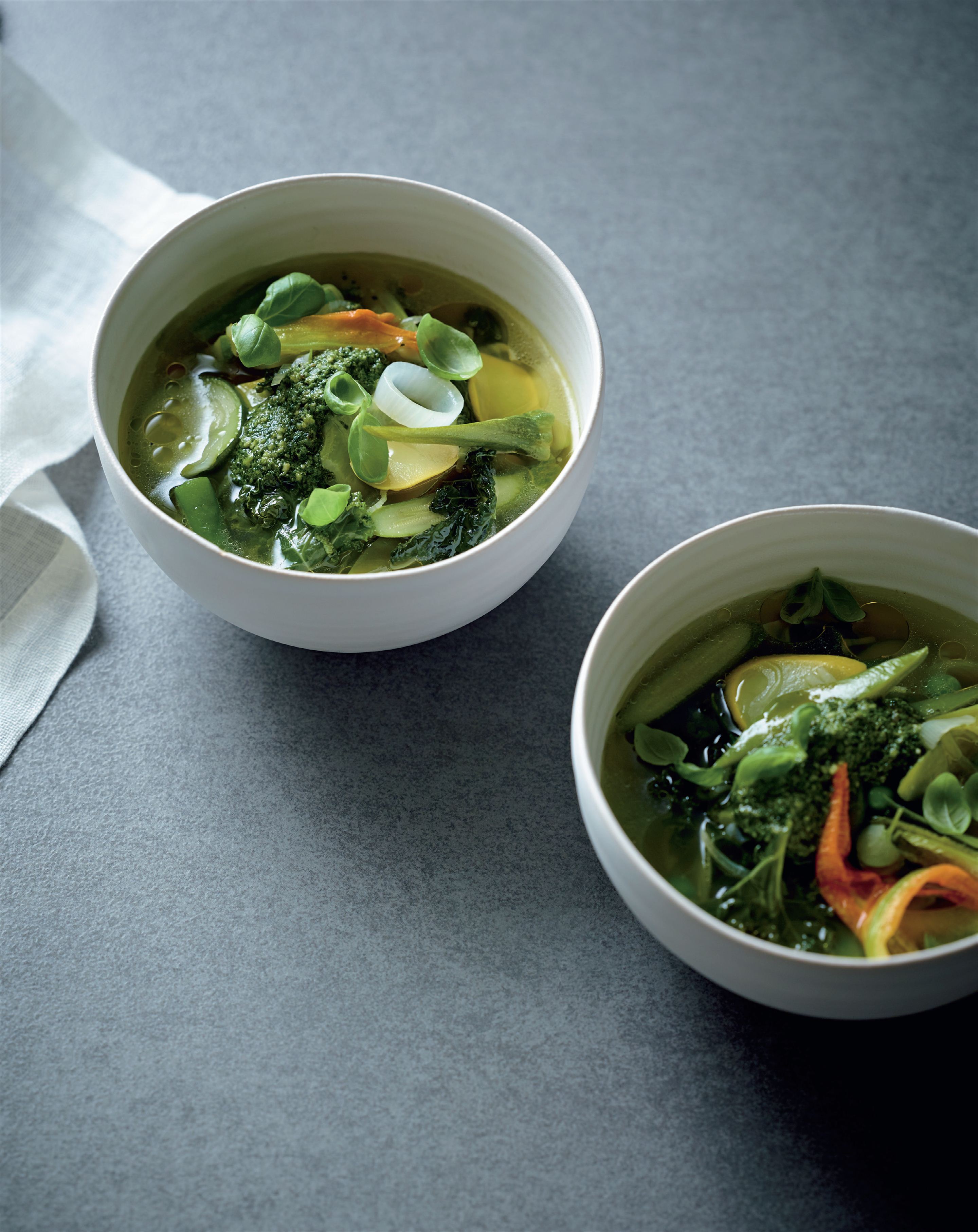 Green vegetable soup, basil pesto