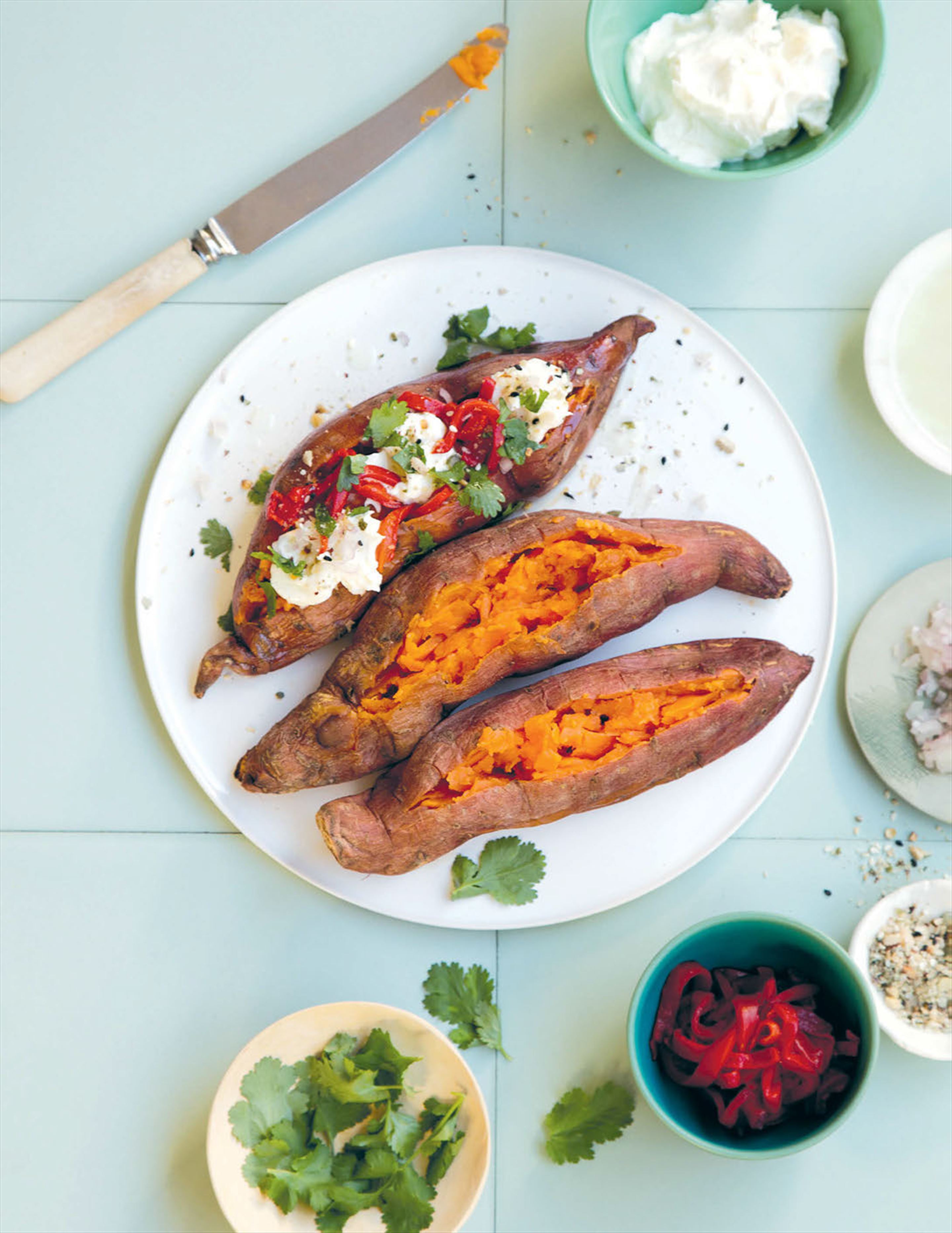 Roasted sweet potatoes with hot red Turkish peppers and labneh