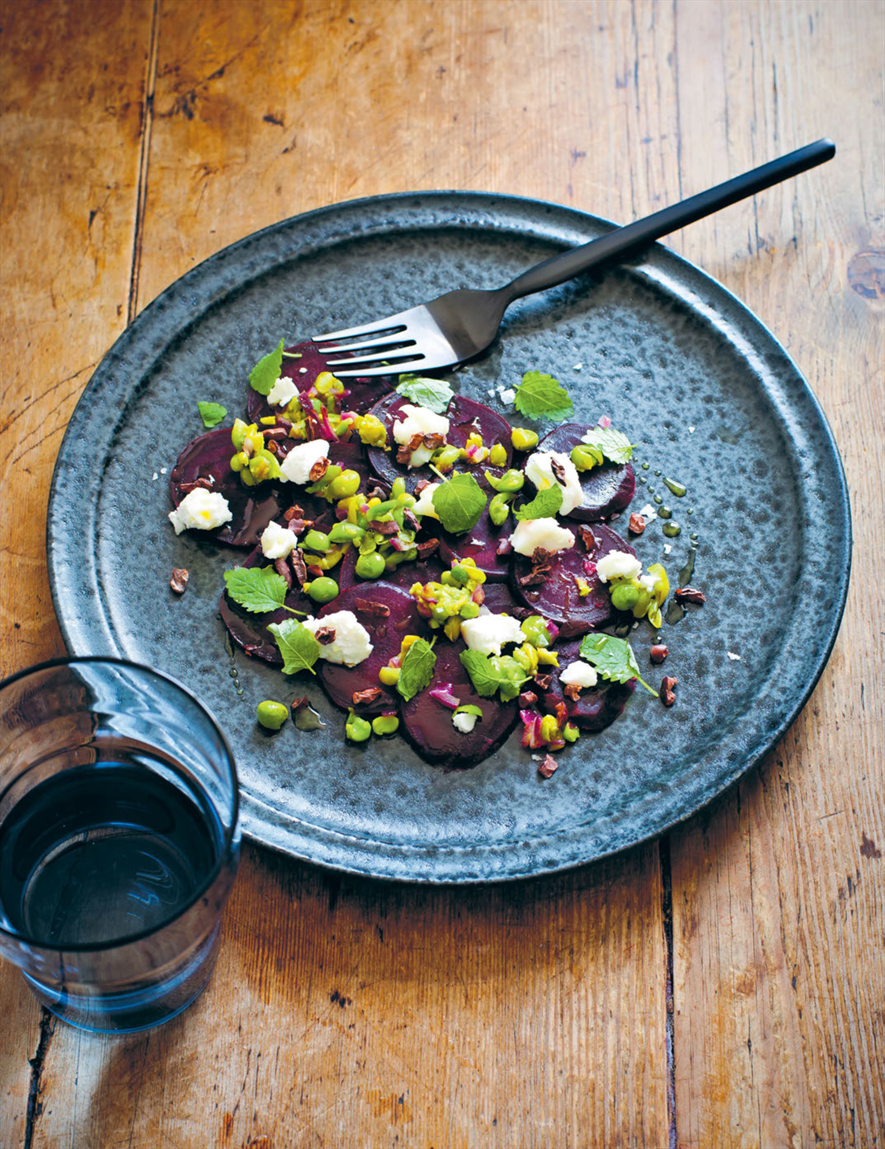 Beetroot, goat’s cheese, pea relish & cocoa nibs