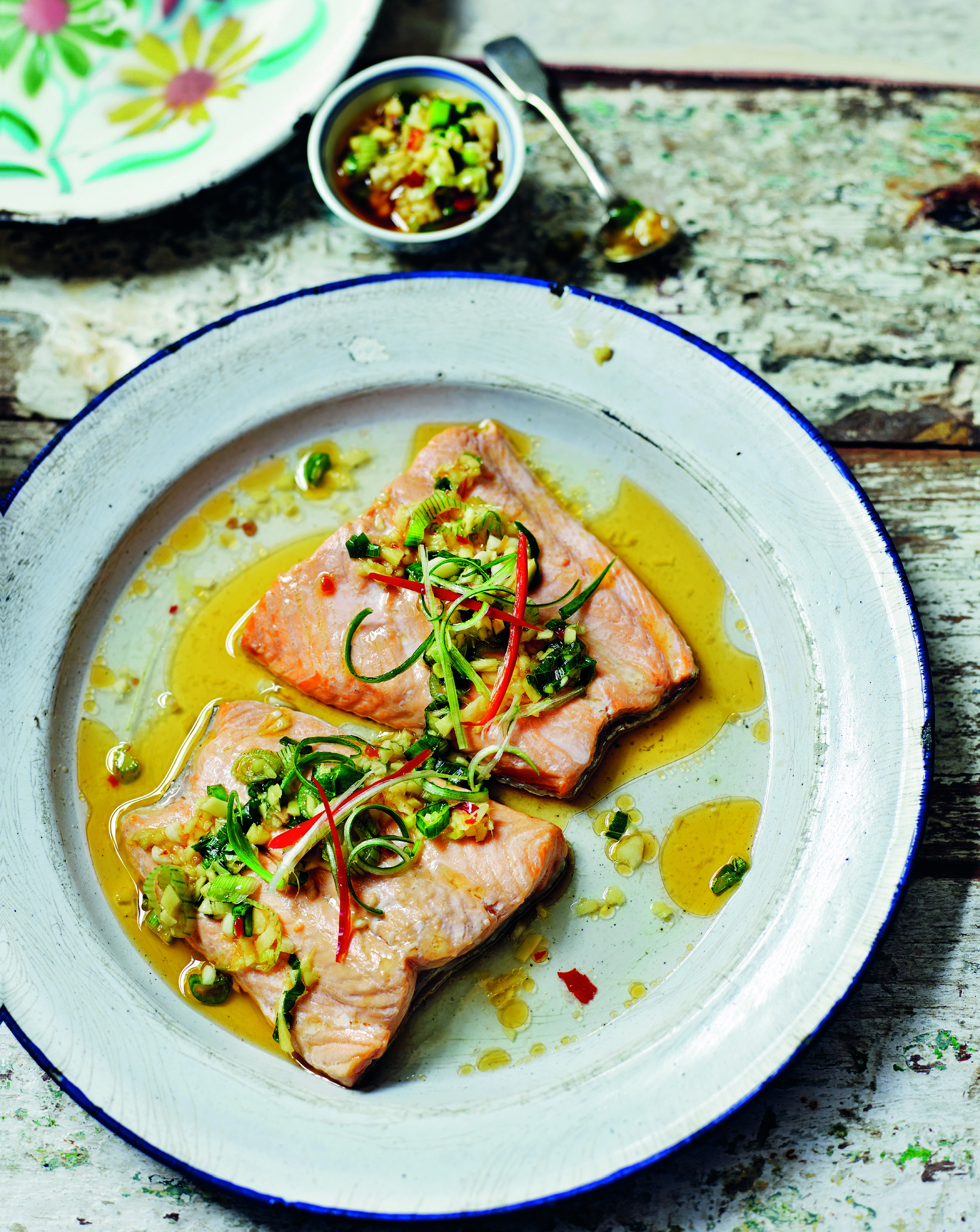 Steamed trout with chilli bean, garlic and ginger oil