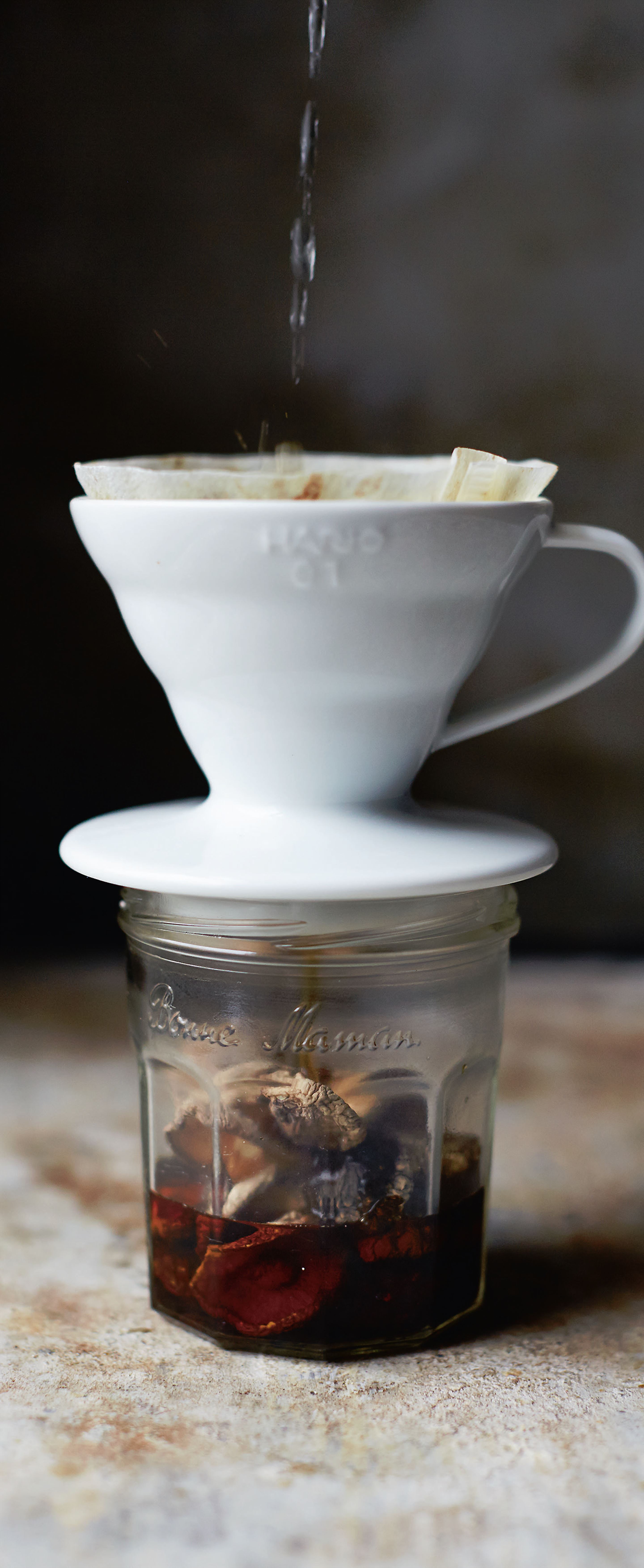 Coffee pickle pour over mushrooms