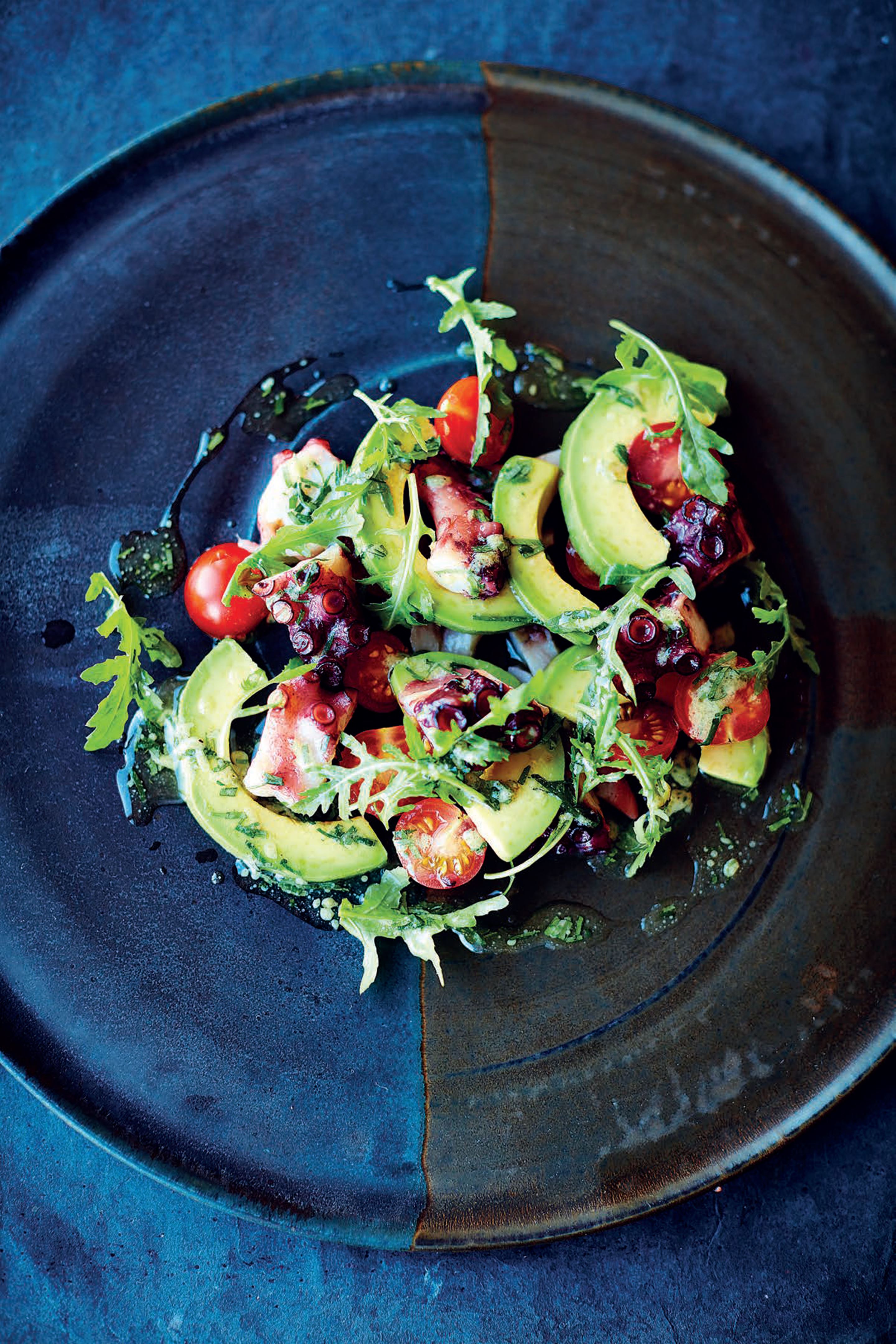 Octopus, avocado and tomato salad, lime and coriander dressing