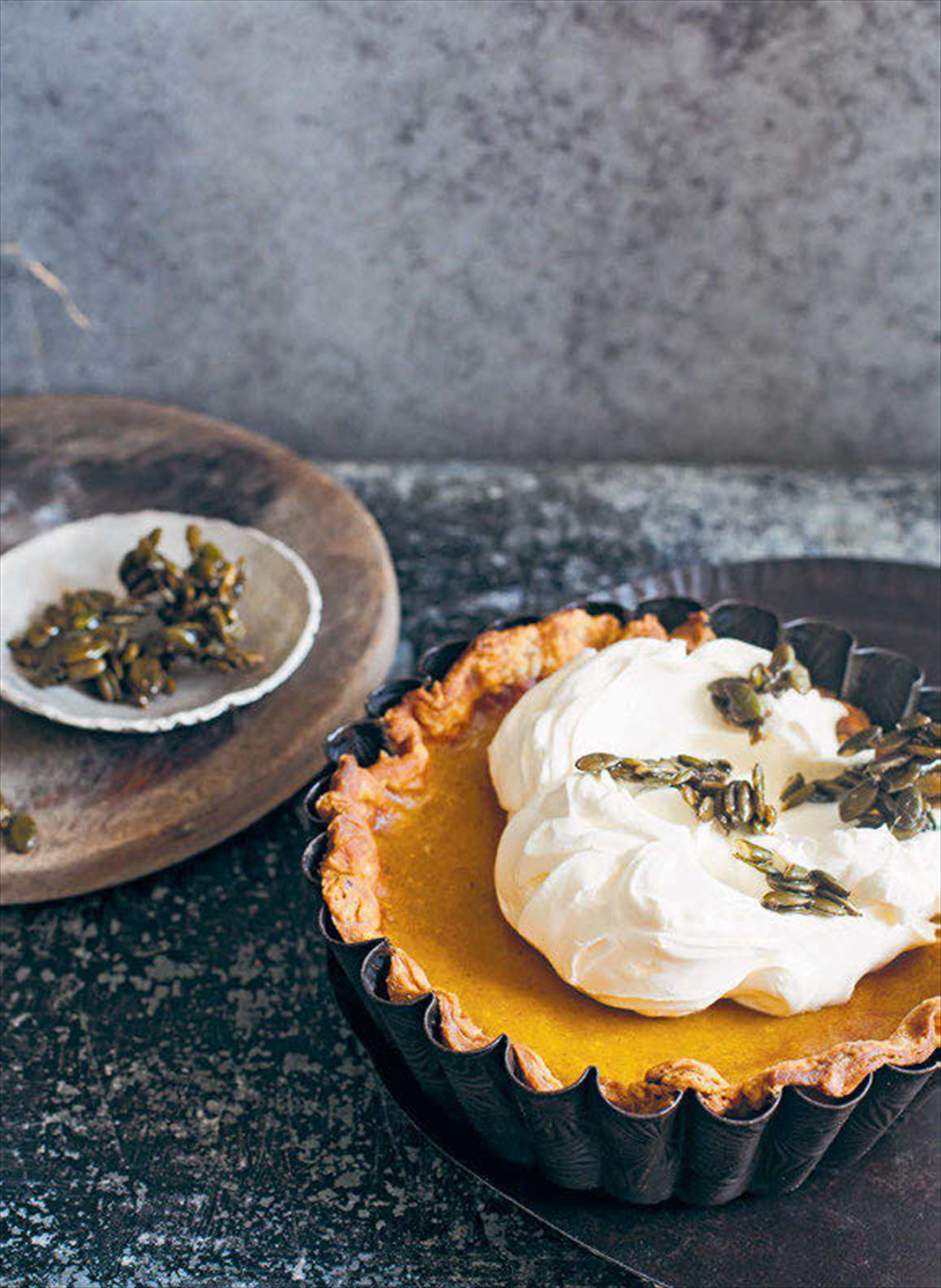Pumpkin pie with candied pepitas
