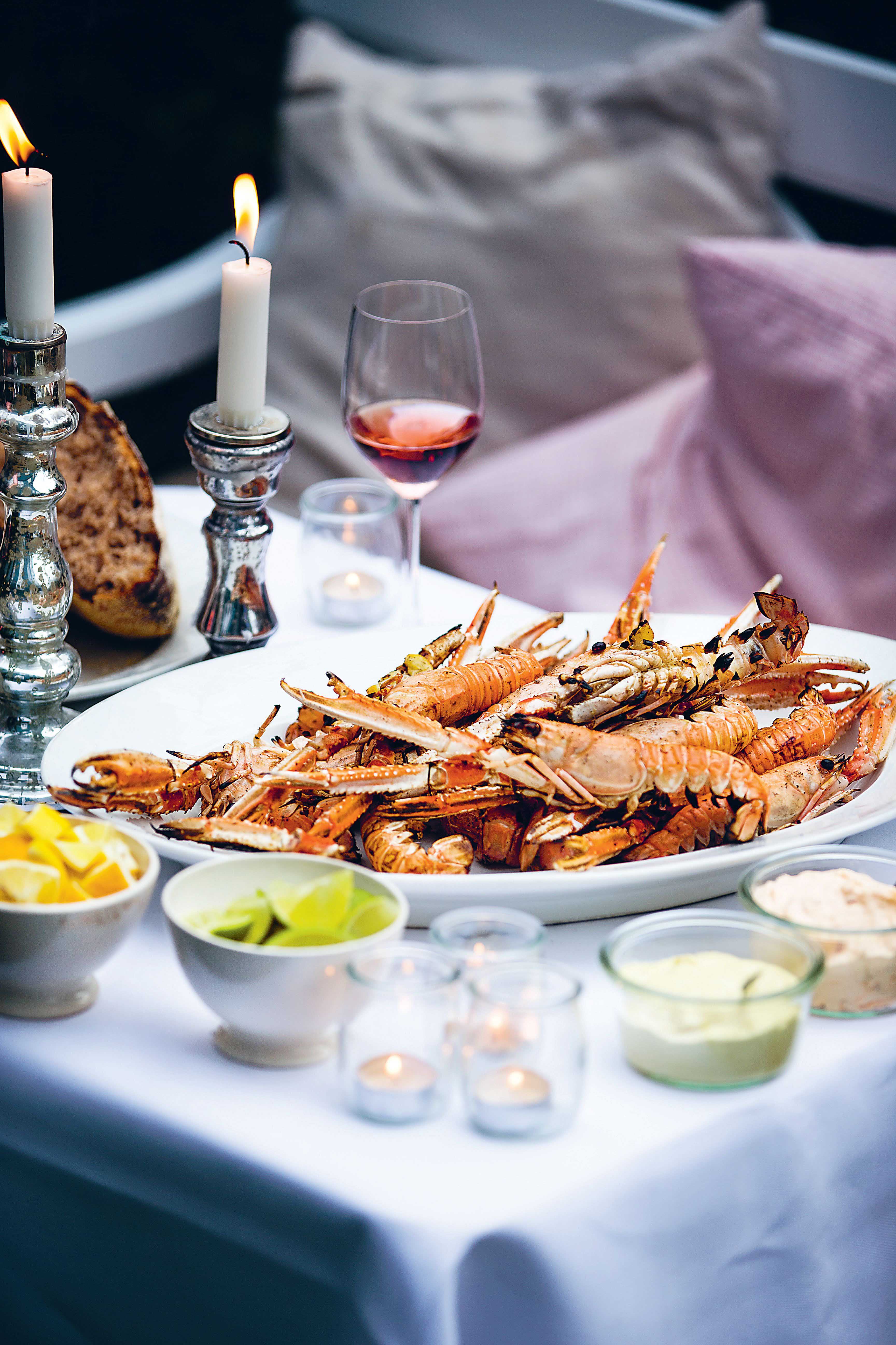 Barbecued langoustines with lemon mayo and chilli cream