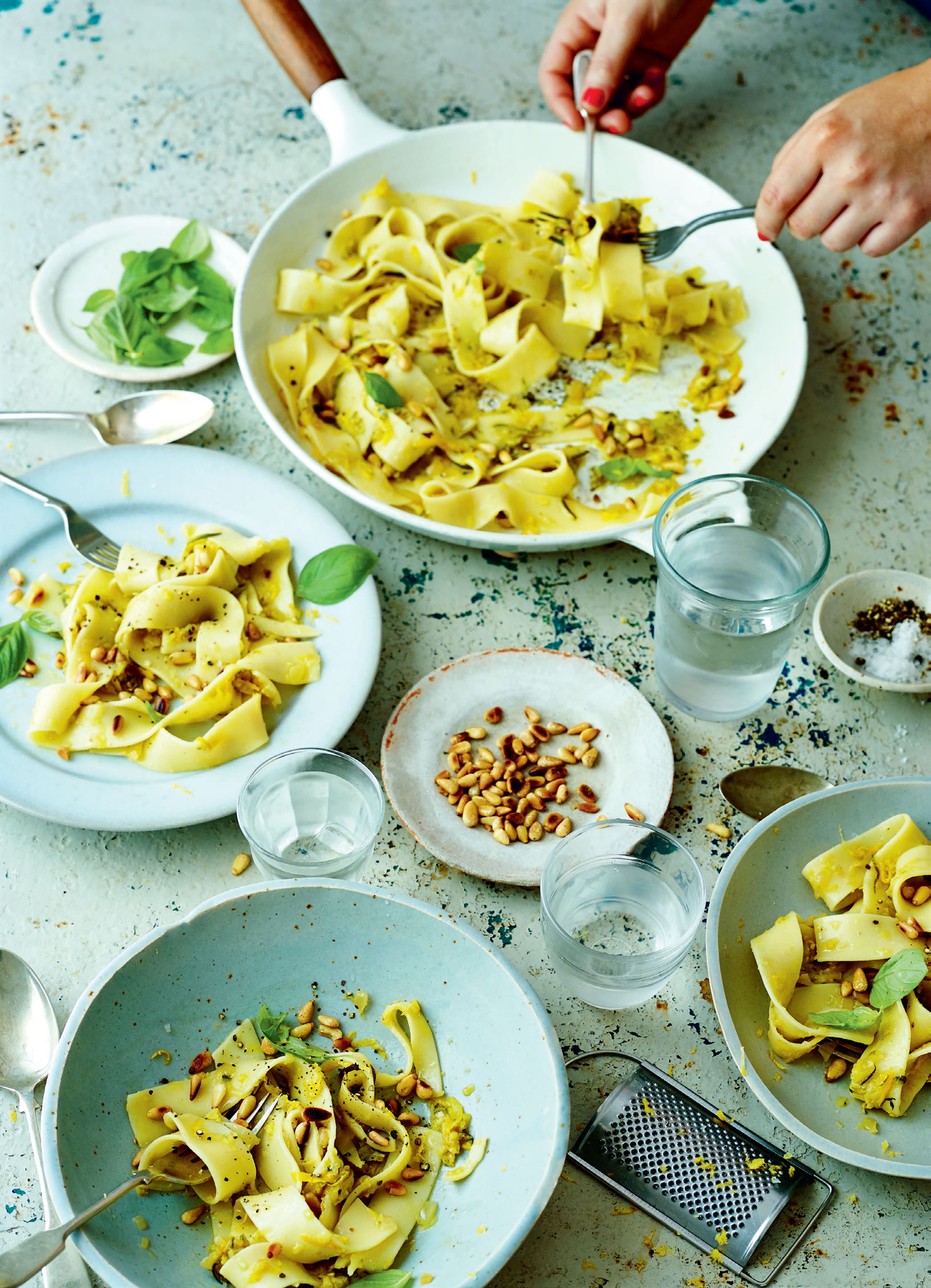 Courgette and lemon pappardelle with pine nuts