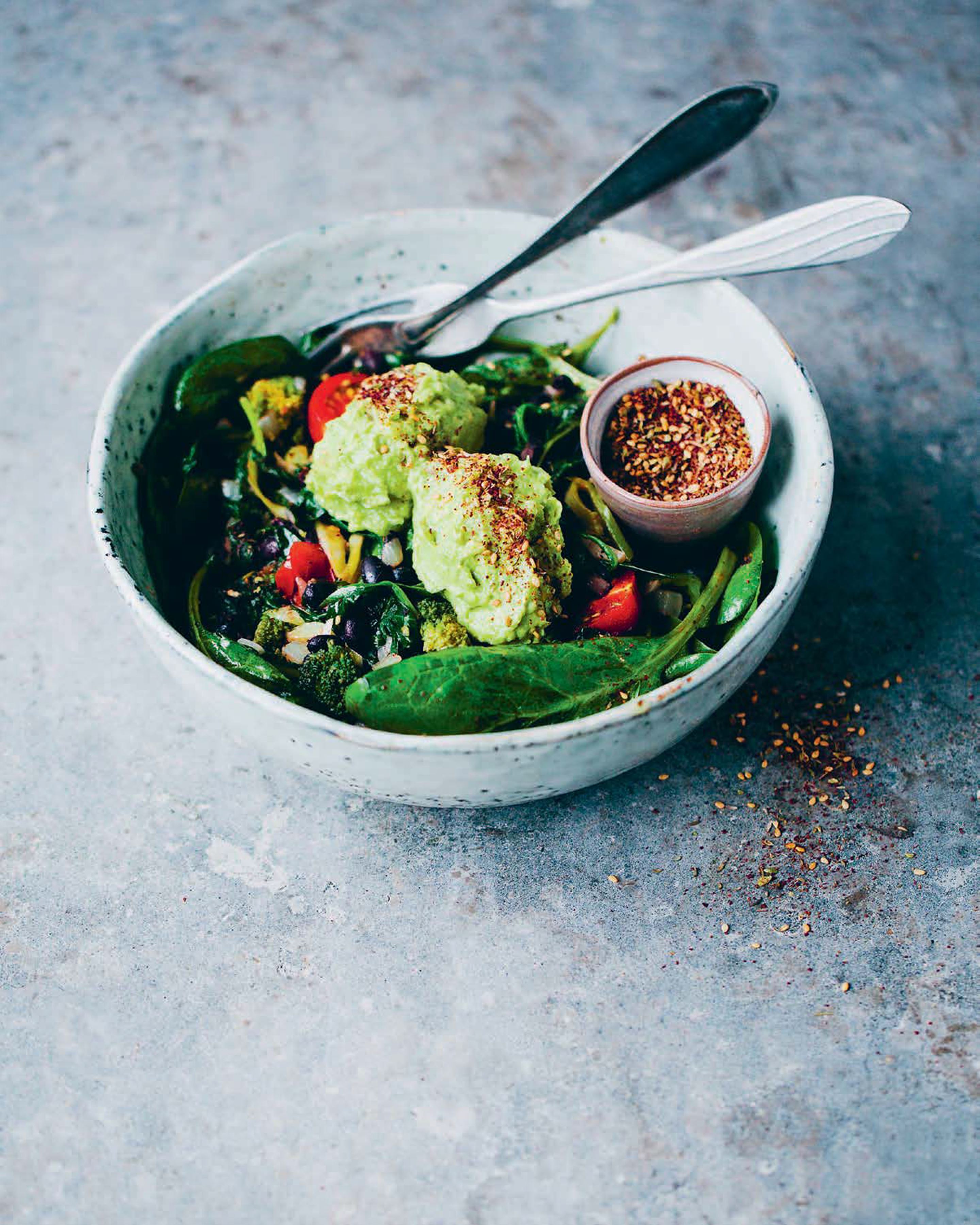 Warm black beans and greens with avo and za’atar