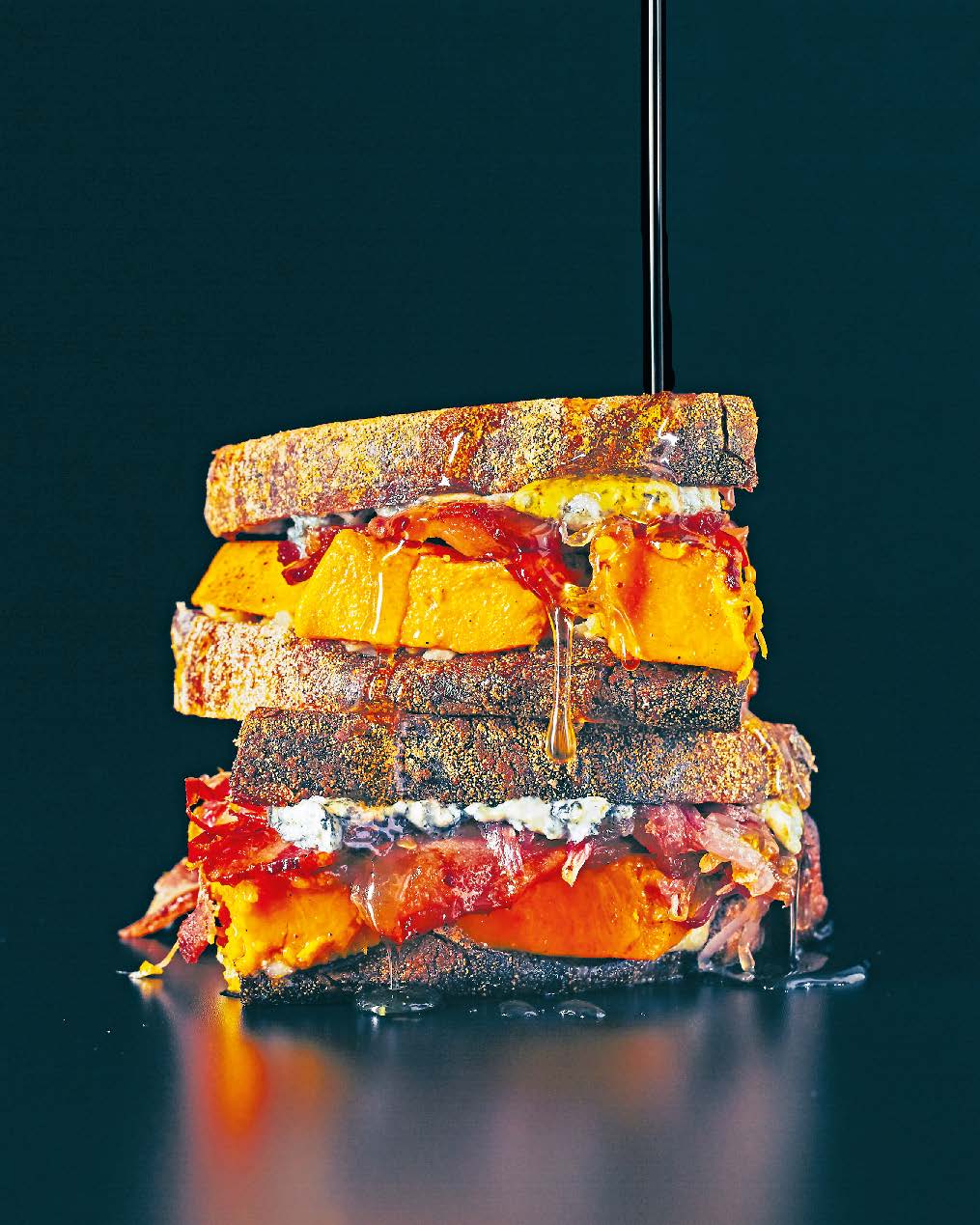 Gorgonzola, pumpkin, maple-cured bacon + caramelised onion with maple syrup
