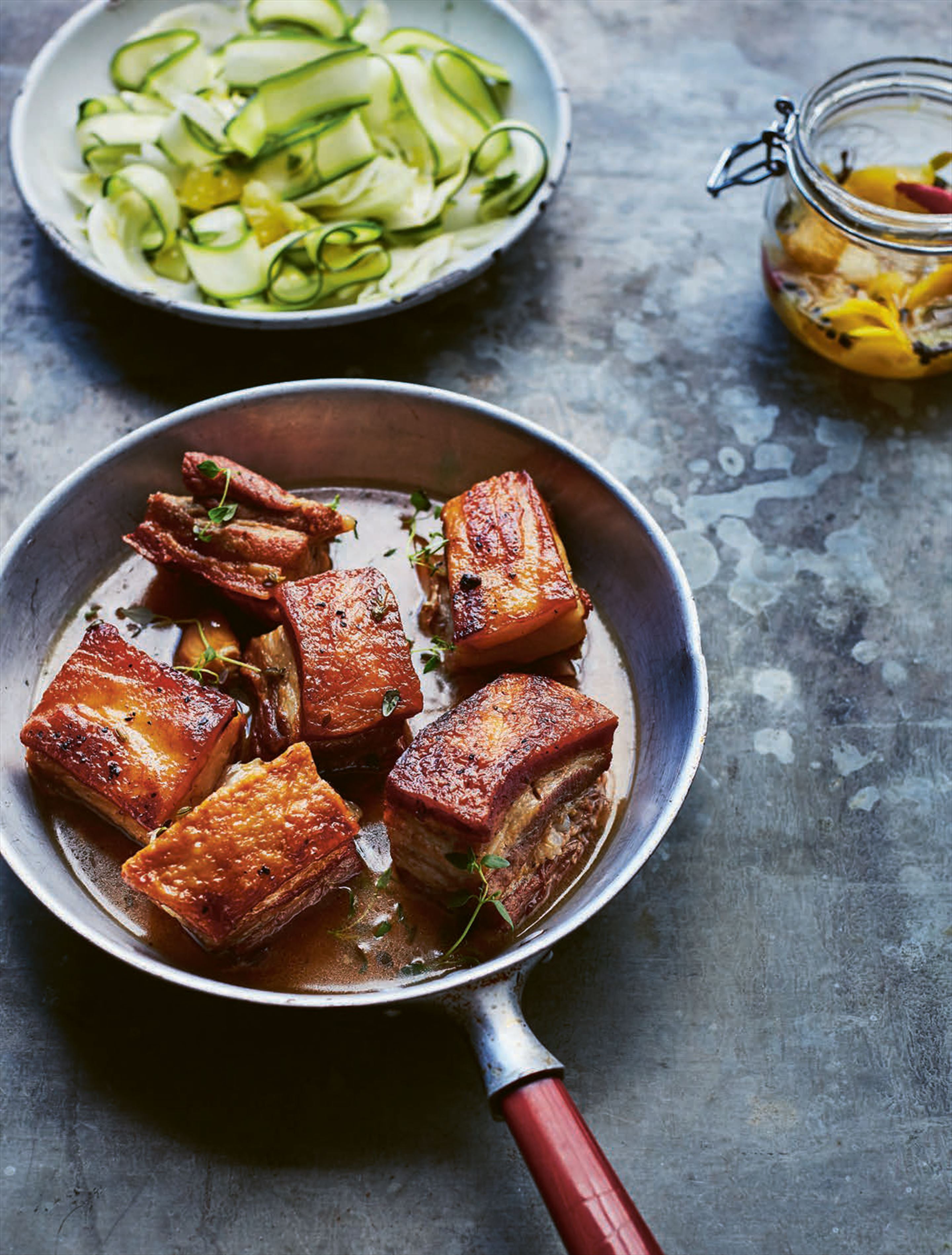 Pan-fried pork belly with courgettes, fennel & preserved lemon salad