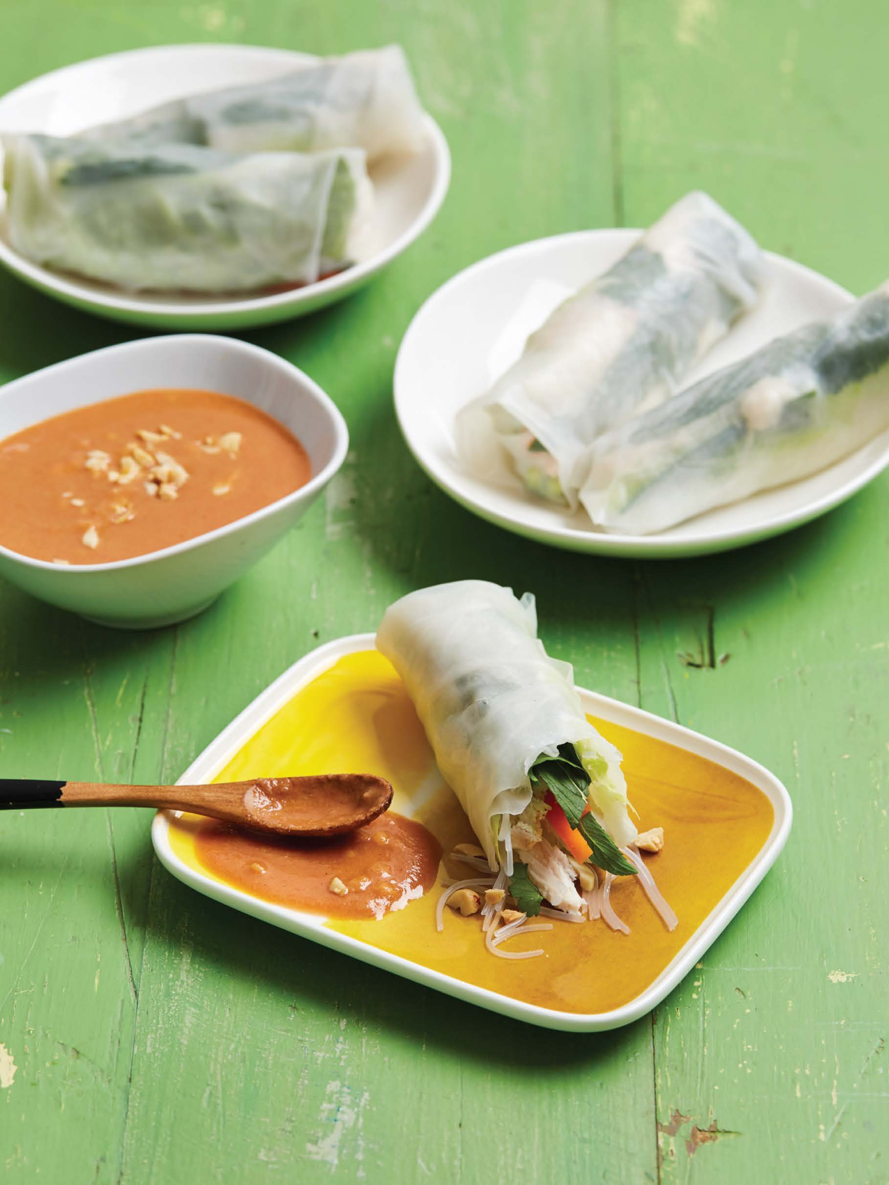 Chicken and noodle rice paper rolls with hoisin-peanut sauce
