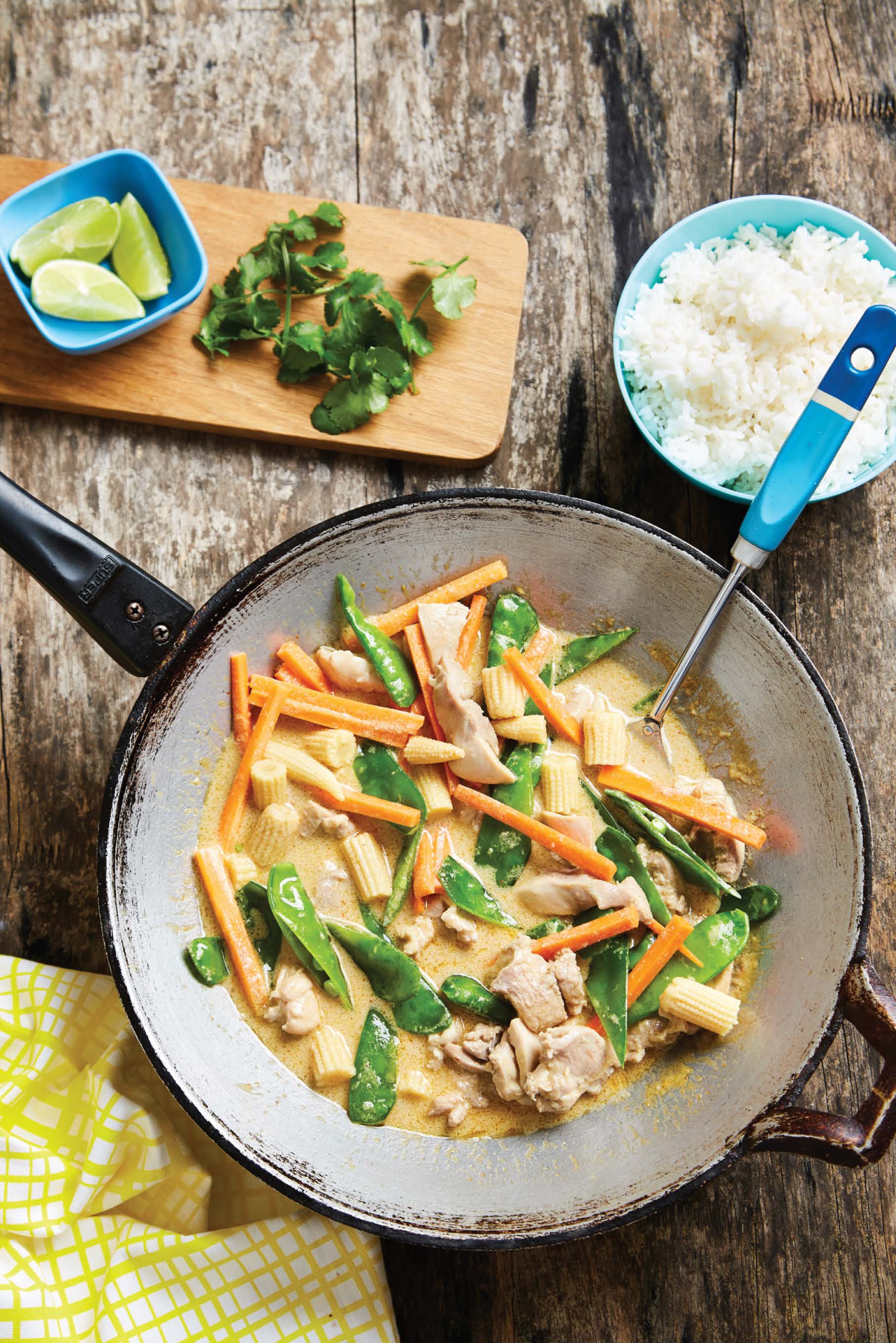 Family-friendly massaman chicken and vegetable curry with rice