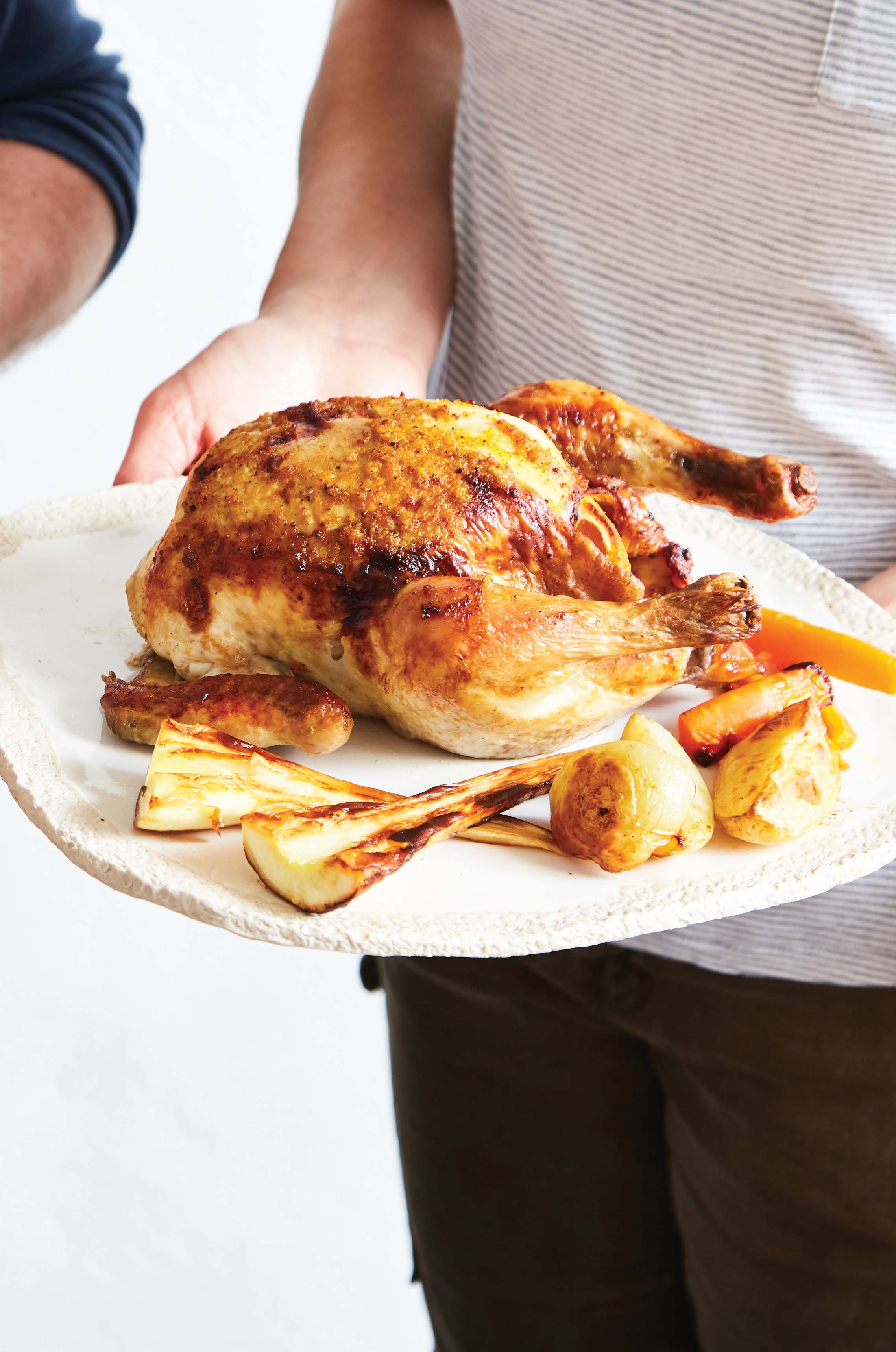 Roast chicken with orange butter rub, roasted vegetables and creamy gravy