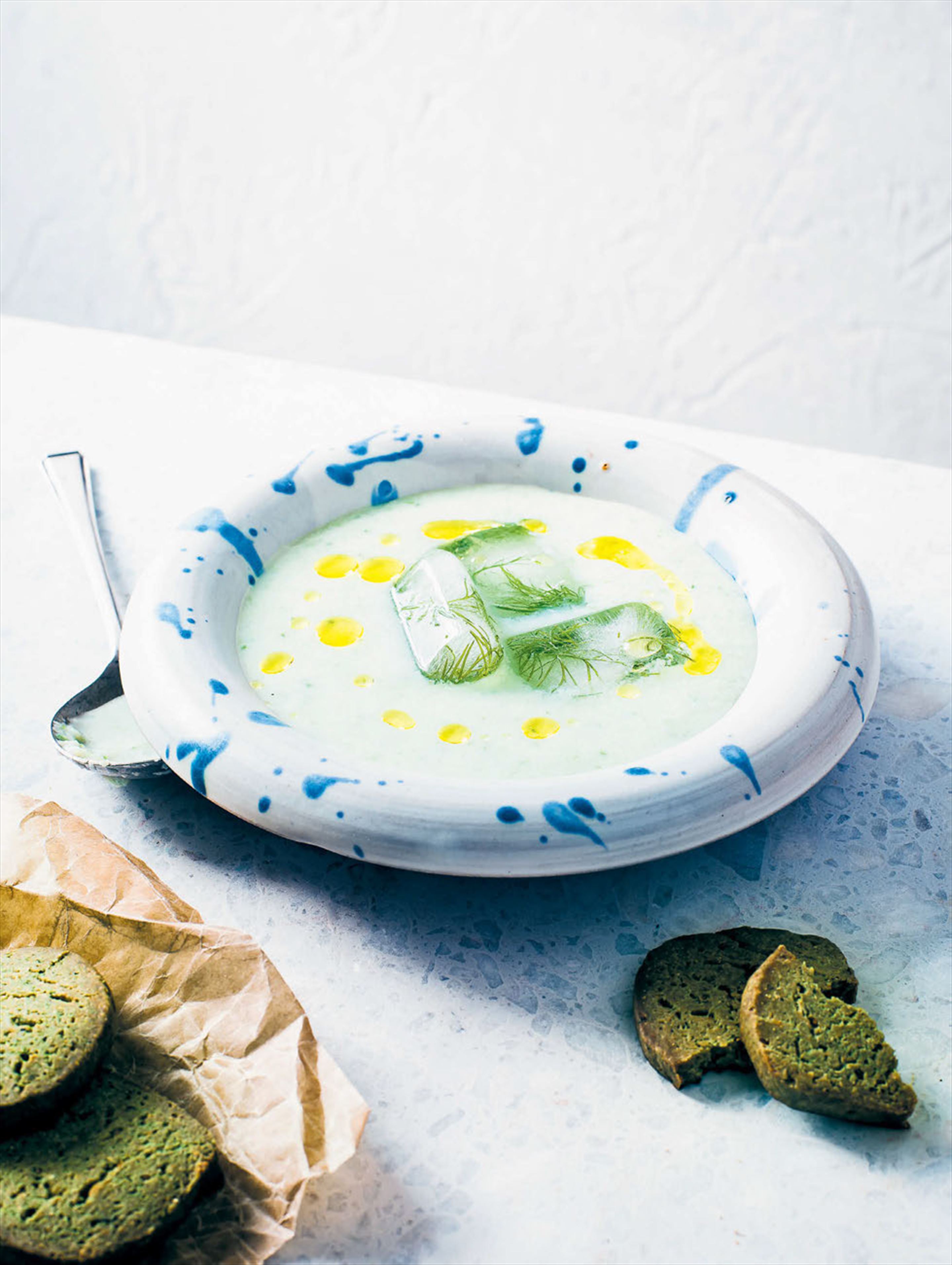 Cucumber & buttermilk soup with chickpea shortbread