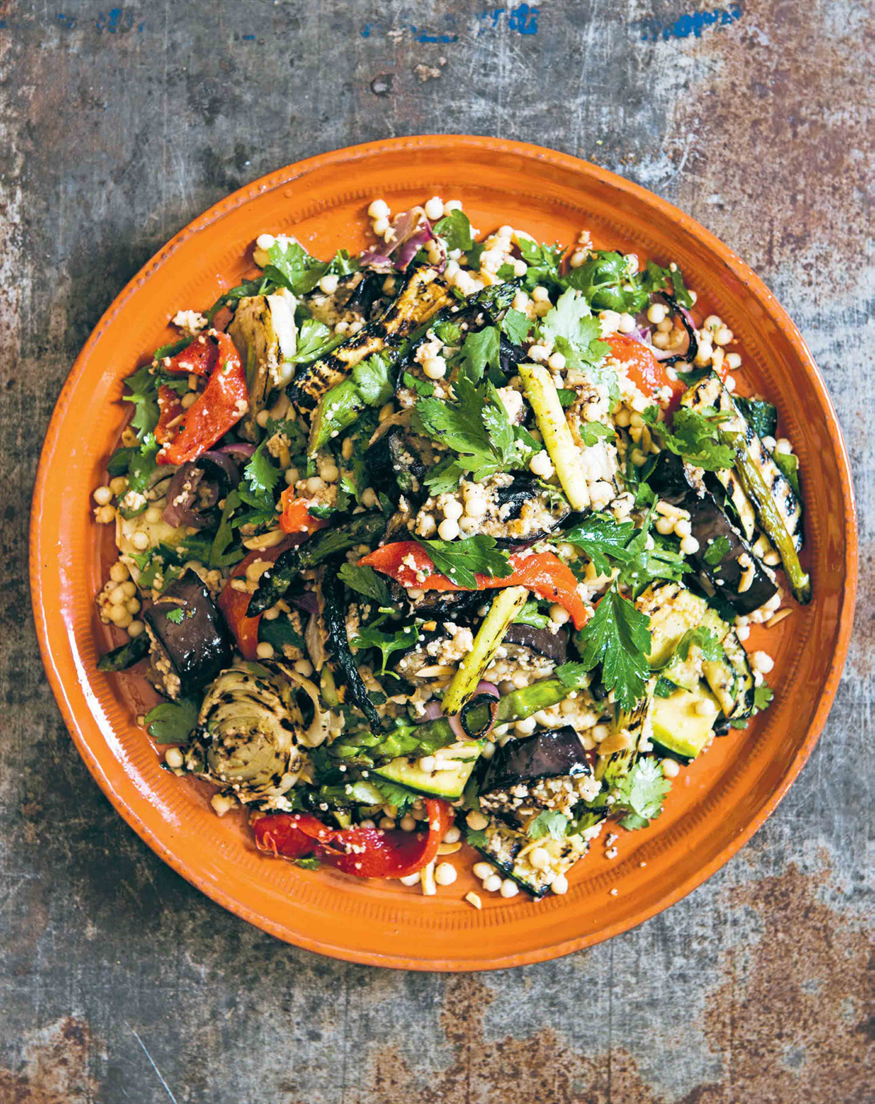 Chargrilled vegetable salad with couscous, spiced yoghurt & almonds