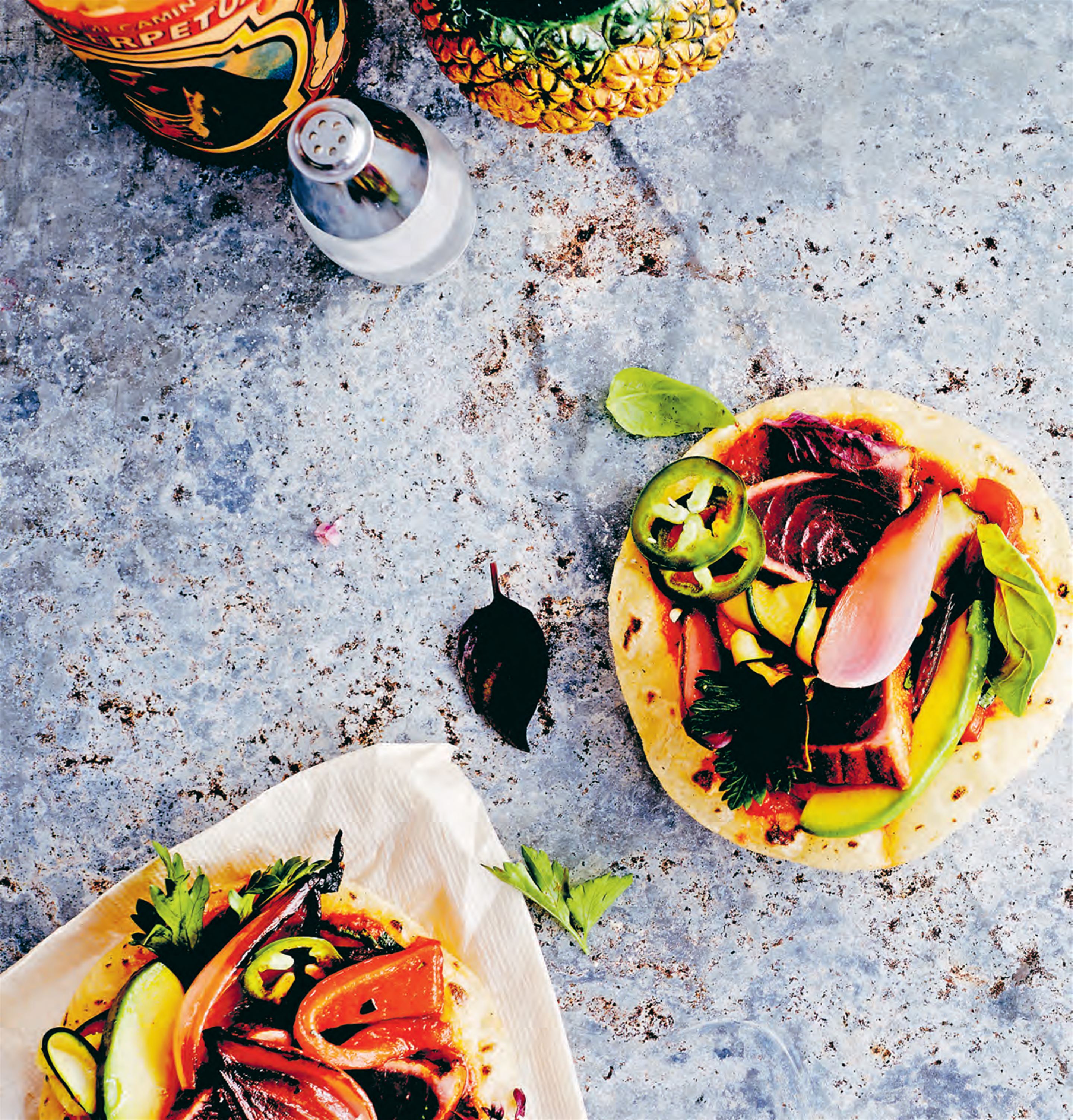 Street-style tostadas with seared tuna & wood-grilled veg
