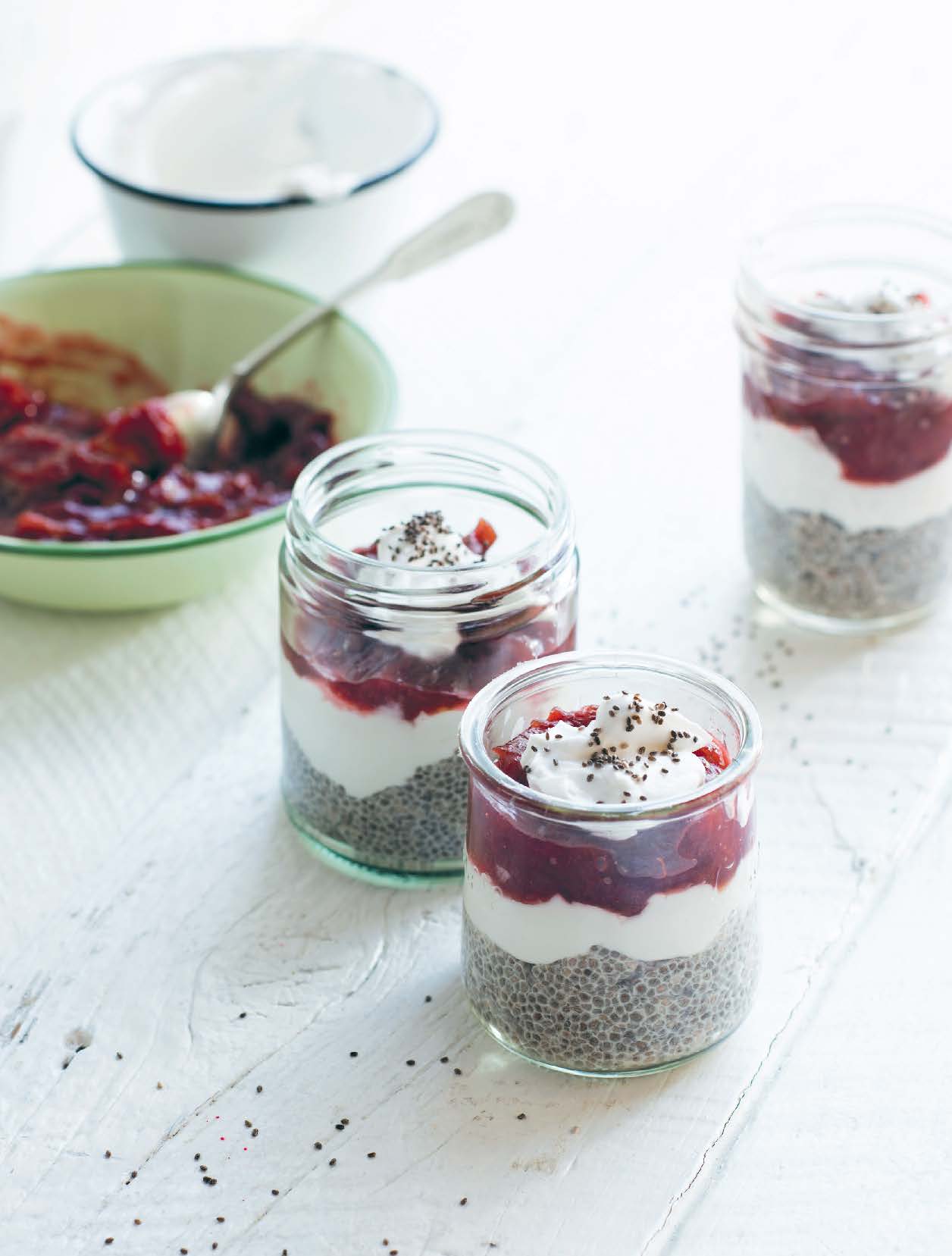 Chia and almond milk pudding with coconut yoghurt and stewed rhubarb