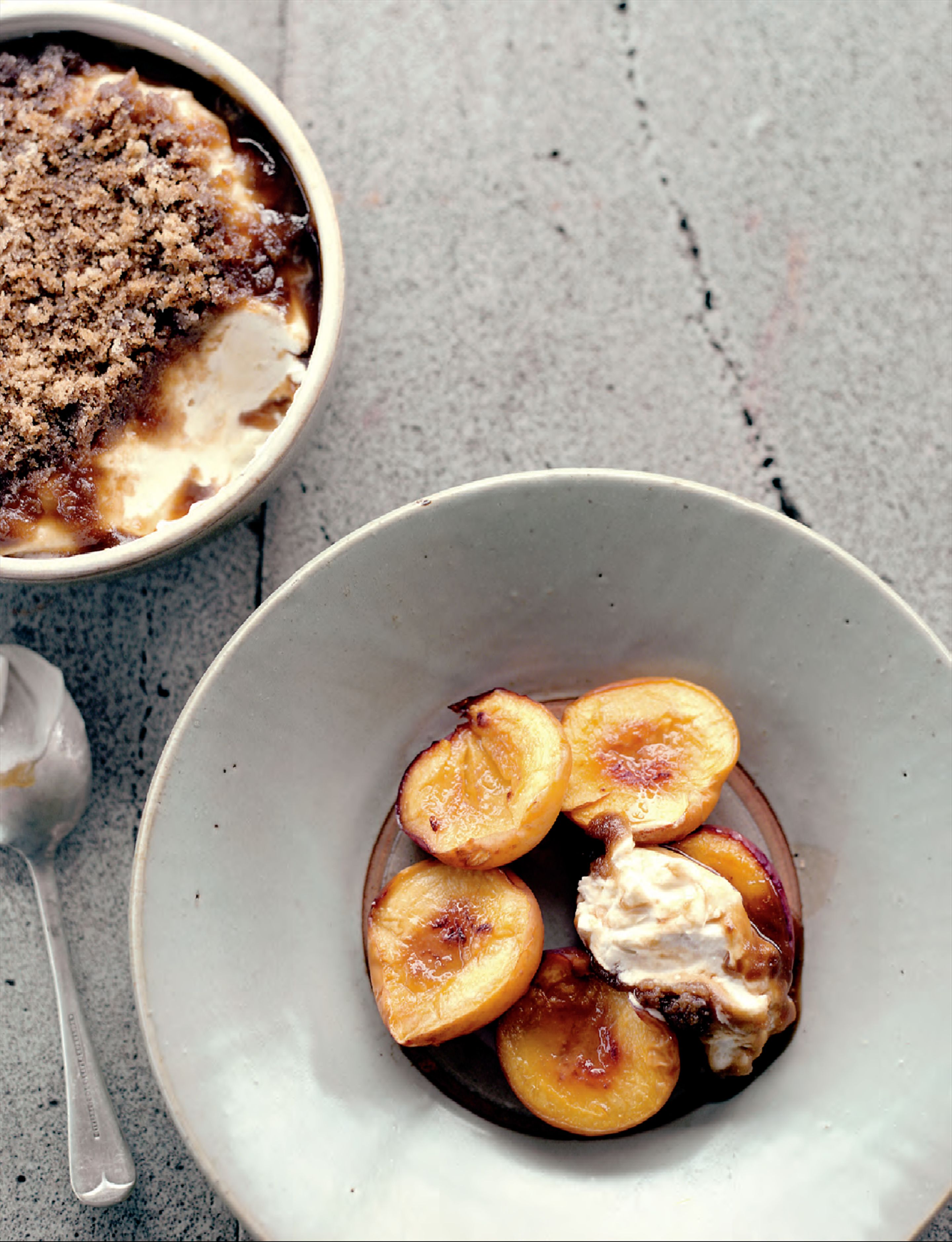 Slow-roasted nectarines with yoghurt, cream and brown sugar