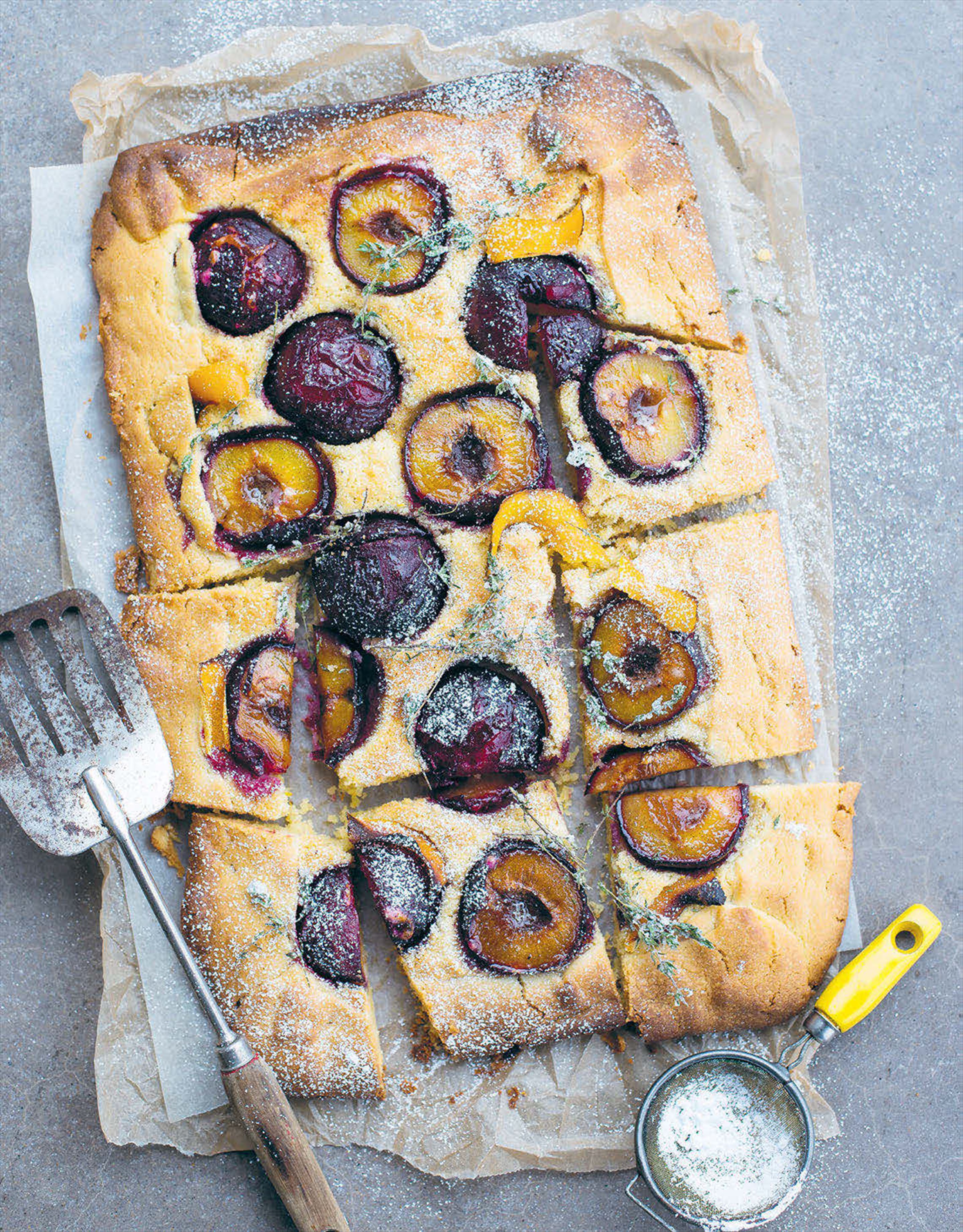 Plum, almond and orange blossom crostata with sugared thyme