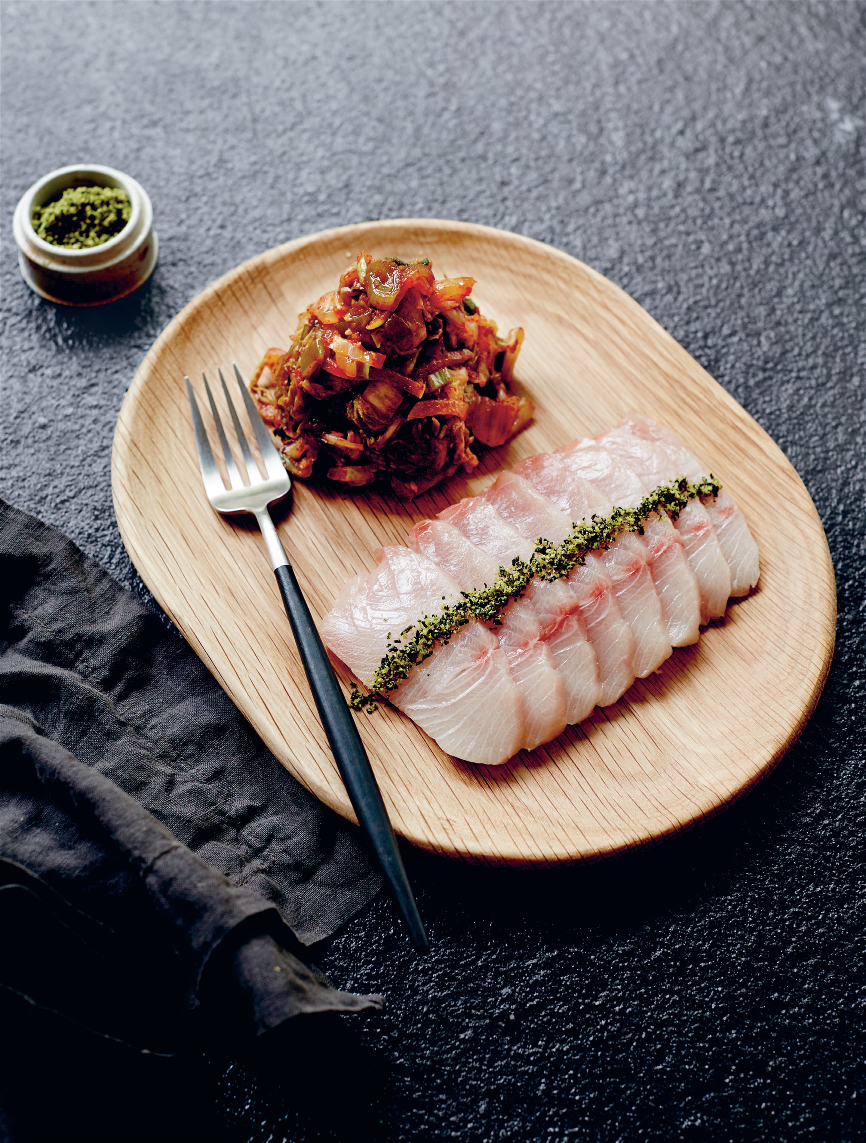Kingfish sashimi with pear kimchi, wakame & sesame