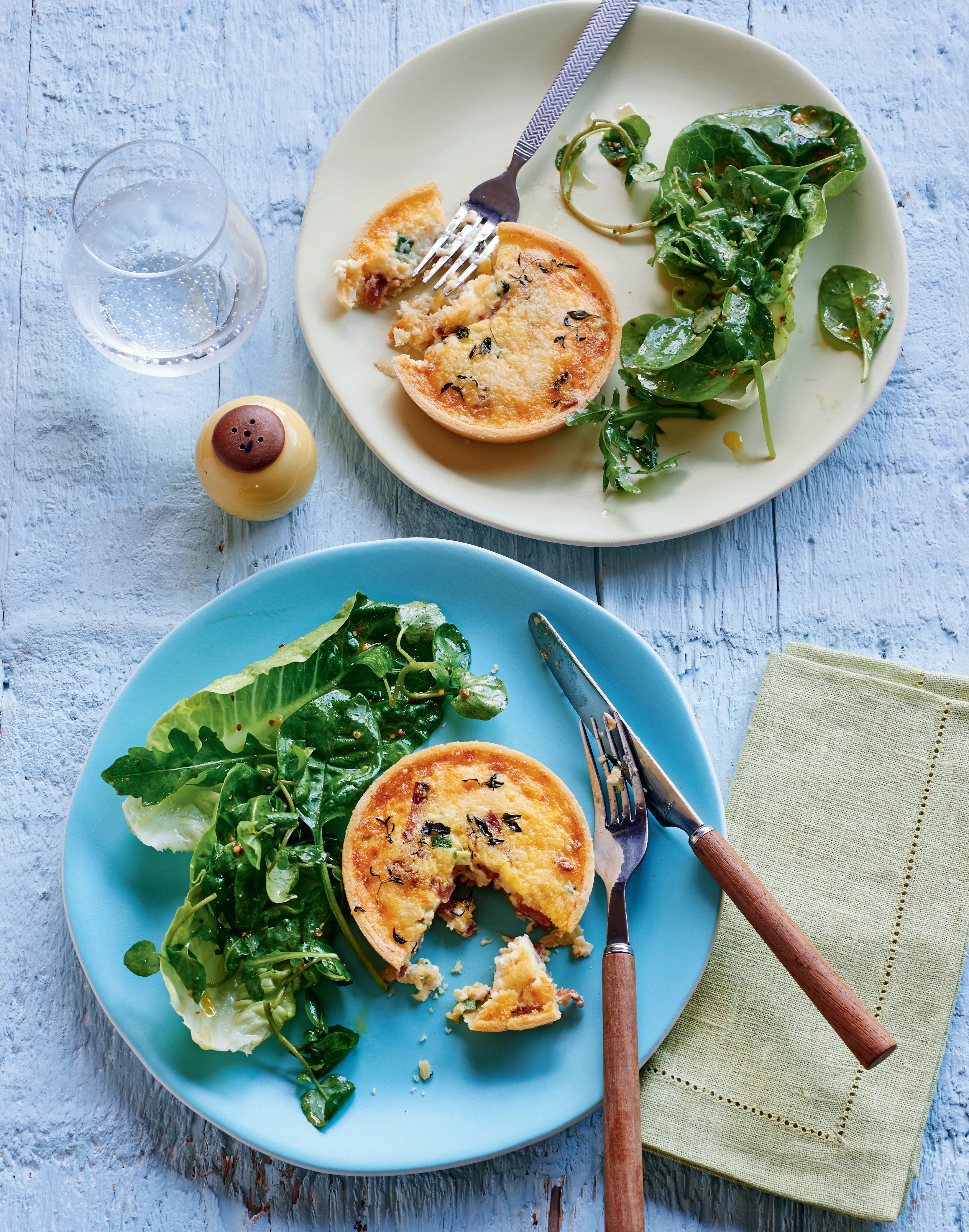 Cheddar, smoked bacon and courgette quiches