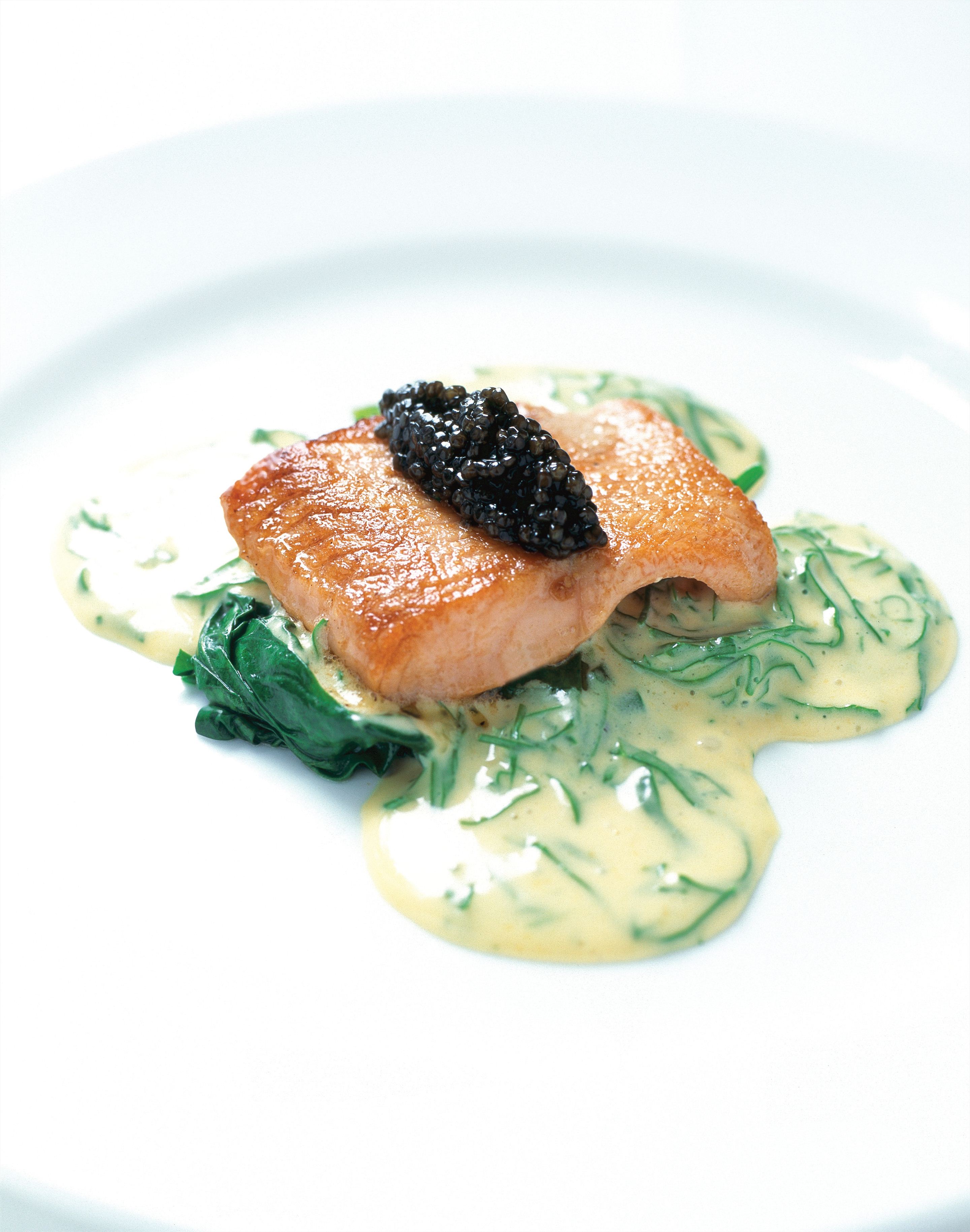 Seared saltwater char with Wilted Spinach, Champagne and Sorrel Sabayon, Iranian Osietra Caviar