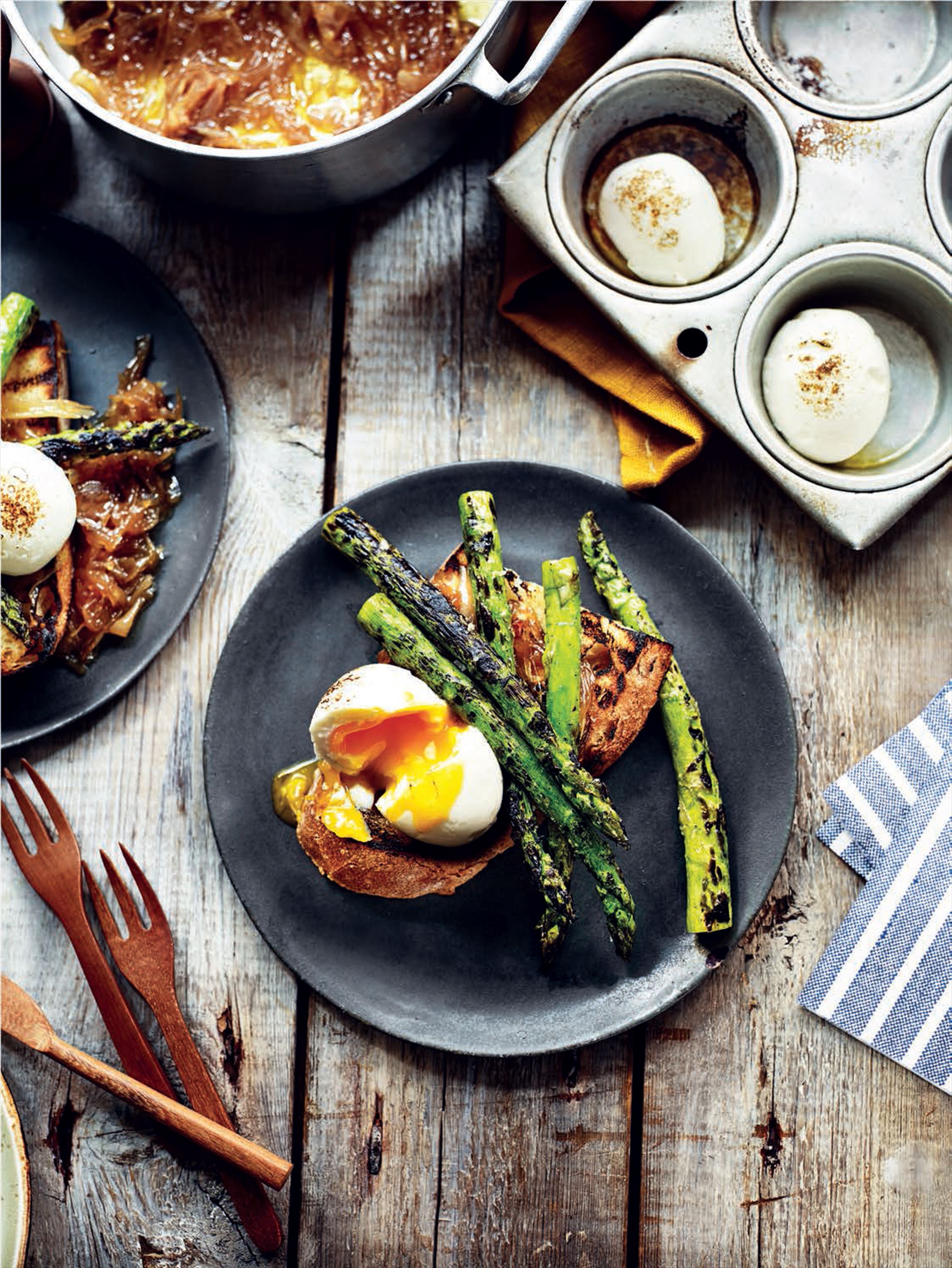 Smoky eggs with asparagus and sweet shallots on sourdough