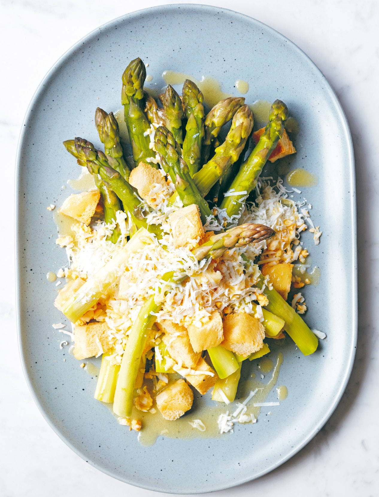 Asparagus with challah croutons and duck egg