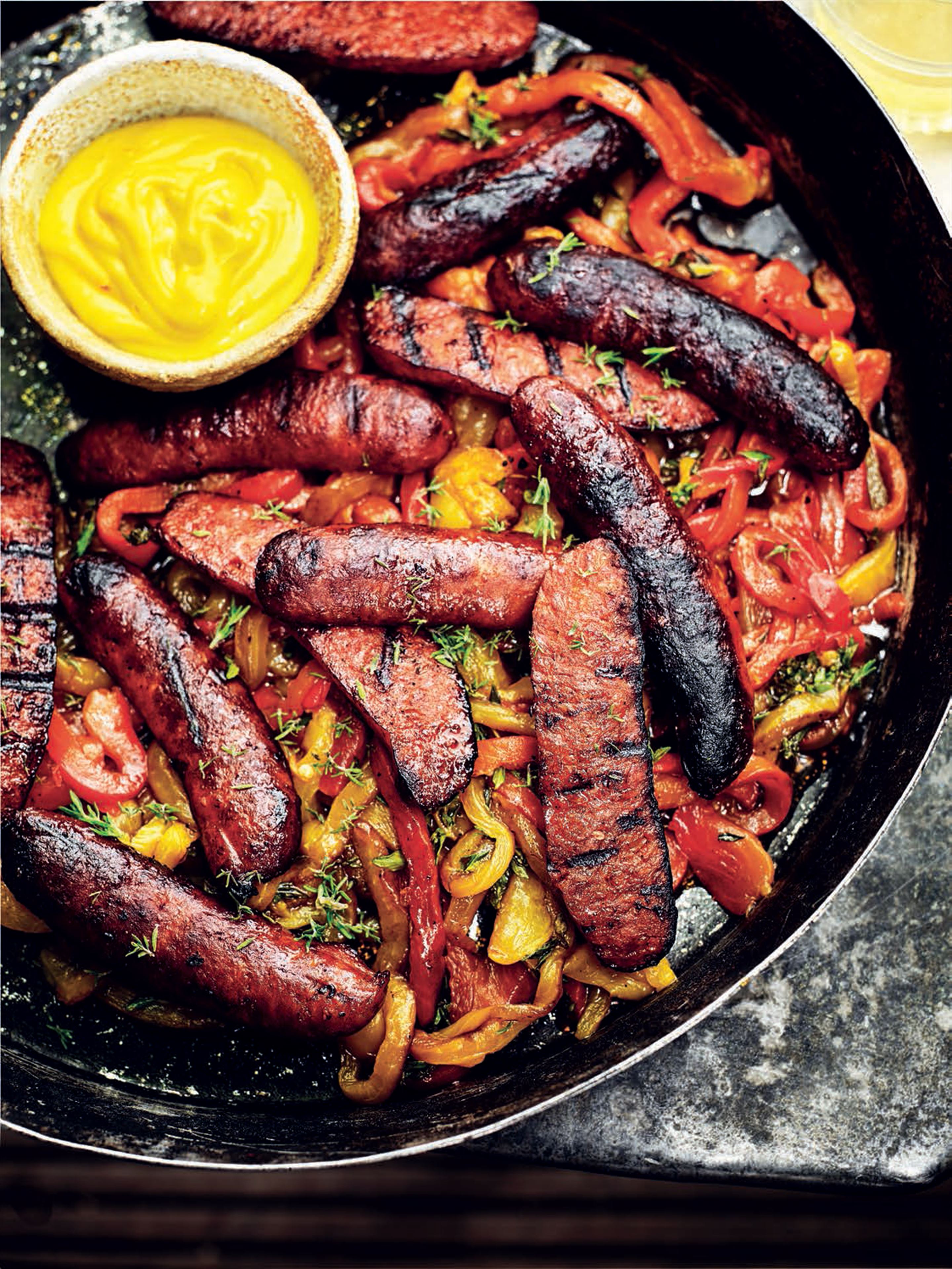Smoked and grilled chorizo with roasted peppers and saffron alioli